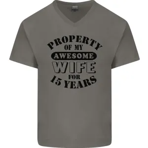 15th Wedding Anniversary 15 Year Funny Wife Mens V-Neck Cotton T-Shirt