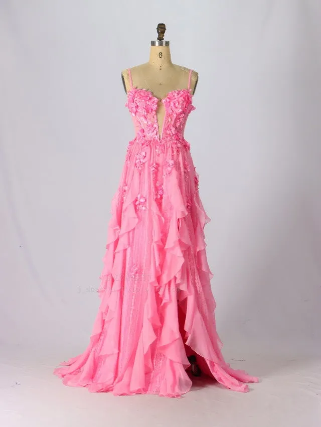 3D Floral Sleeveless Ruffled Slit Gown by Jovani D5993