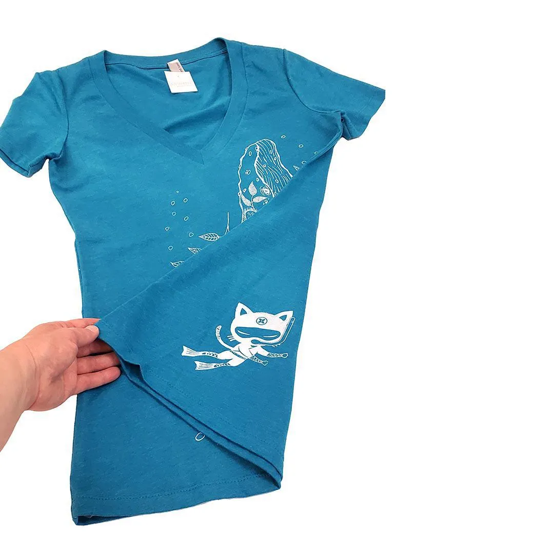 Adult Tee - Humpback Whale on Aqua Fitted V-Neck (S-XL) by Namu