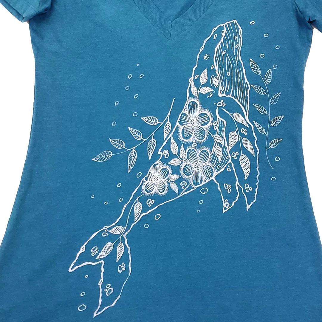 Adult Tee - Humpback Whale on Aqua Fitted V-Neck (S-XL) by Namu