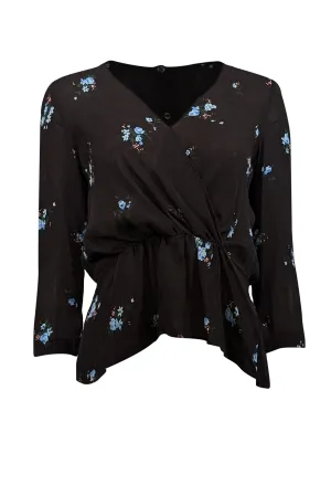 A.L.C. - Black & Blue Floral Print Silk Peplum Blouse Sz 2