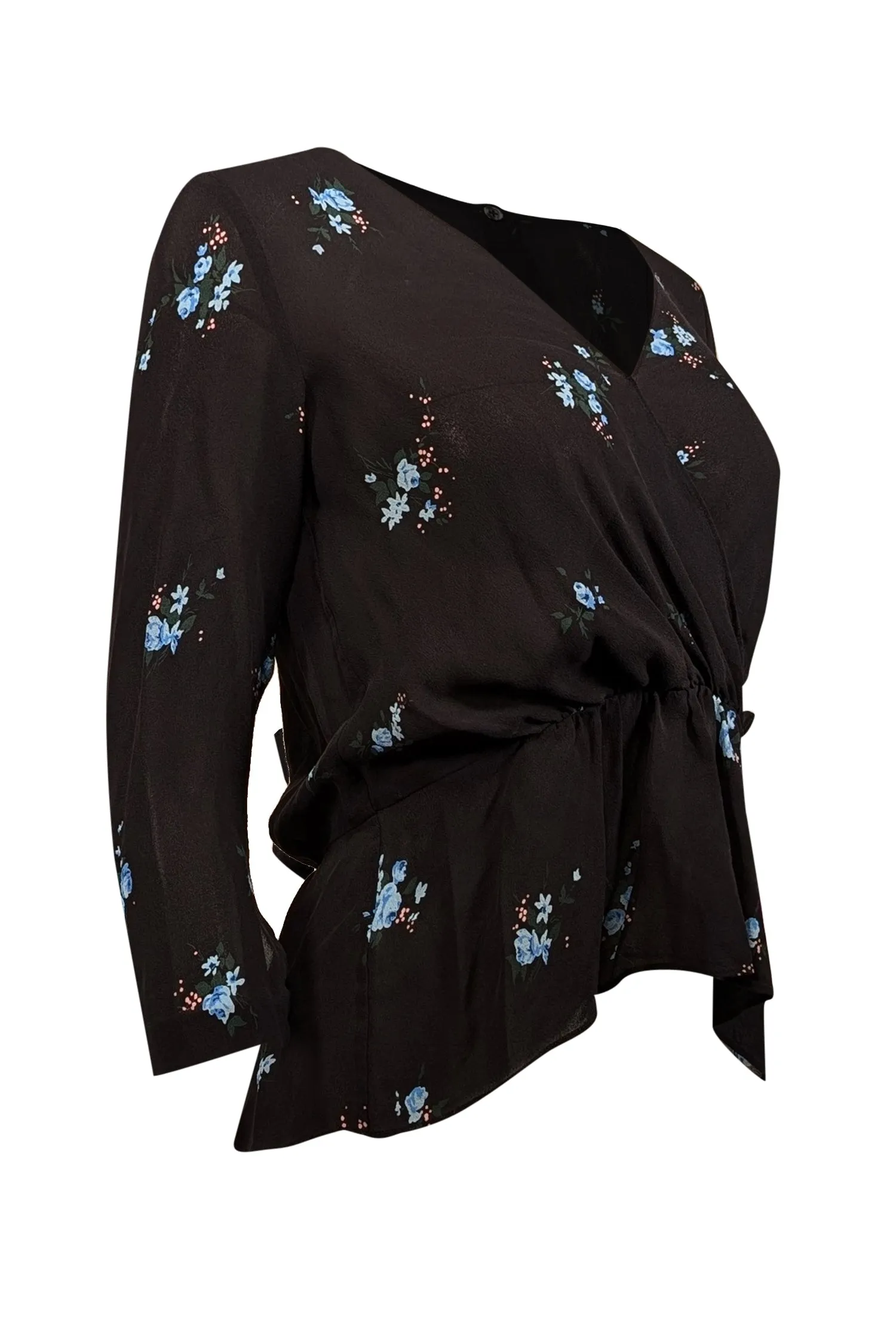 A.L.C. - Black & Blue Floral Print Silk Peplum Blouse Sz 2