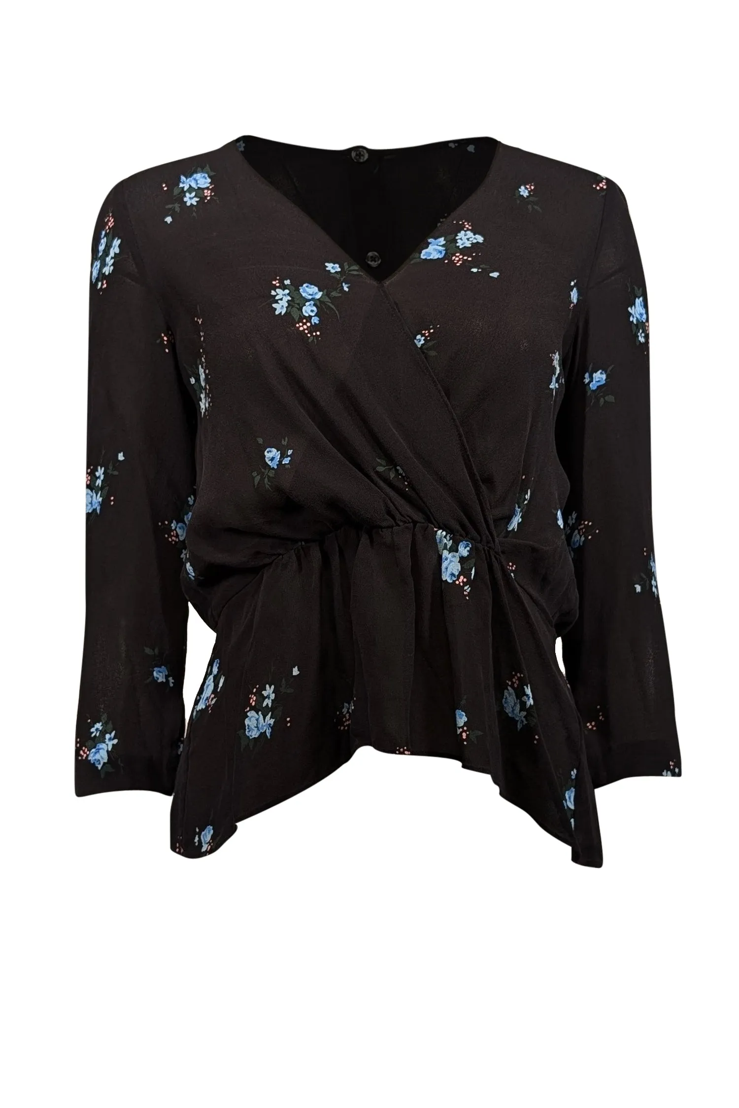 A.L.C. - Black & Blue Floral Print Silk Peplum Blouse Sz 2