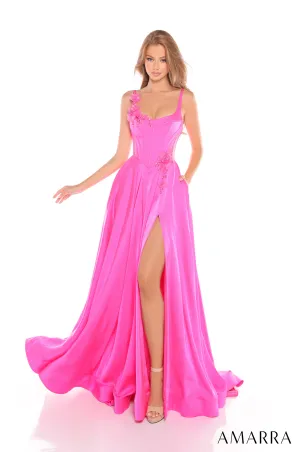 Amarra 88214 Size 2 Fuchsia Satin A-Line Prom Dress Corset Floral Embellishments A line Pockets Slit