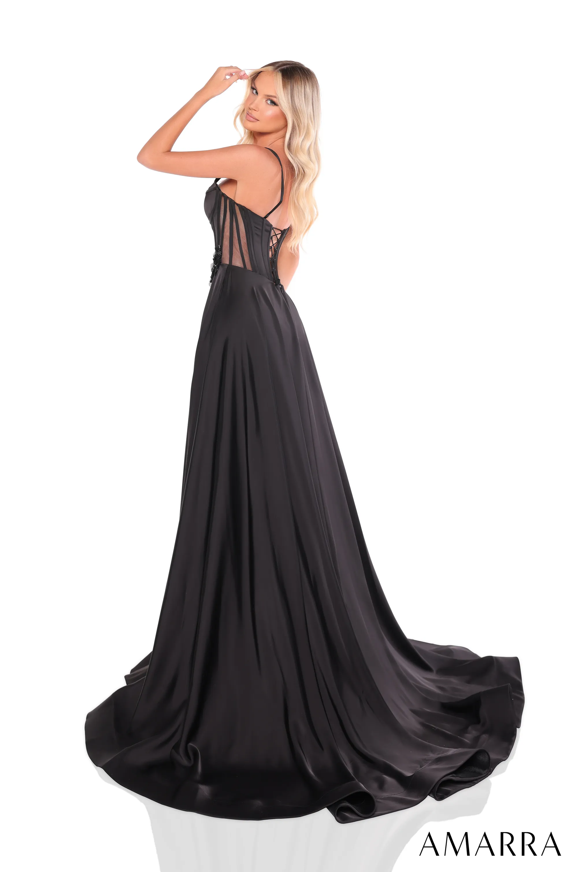 Amarra 88214 Size 2 Fuchsia Satin A-Line Prom Dress Corset Floral Embellishments A line Pockets Slit
