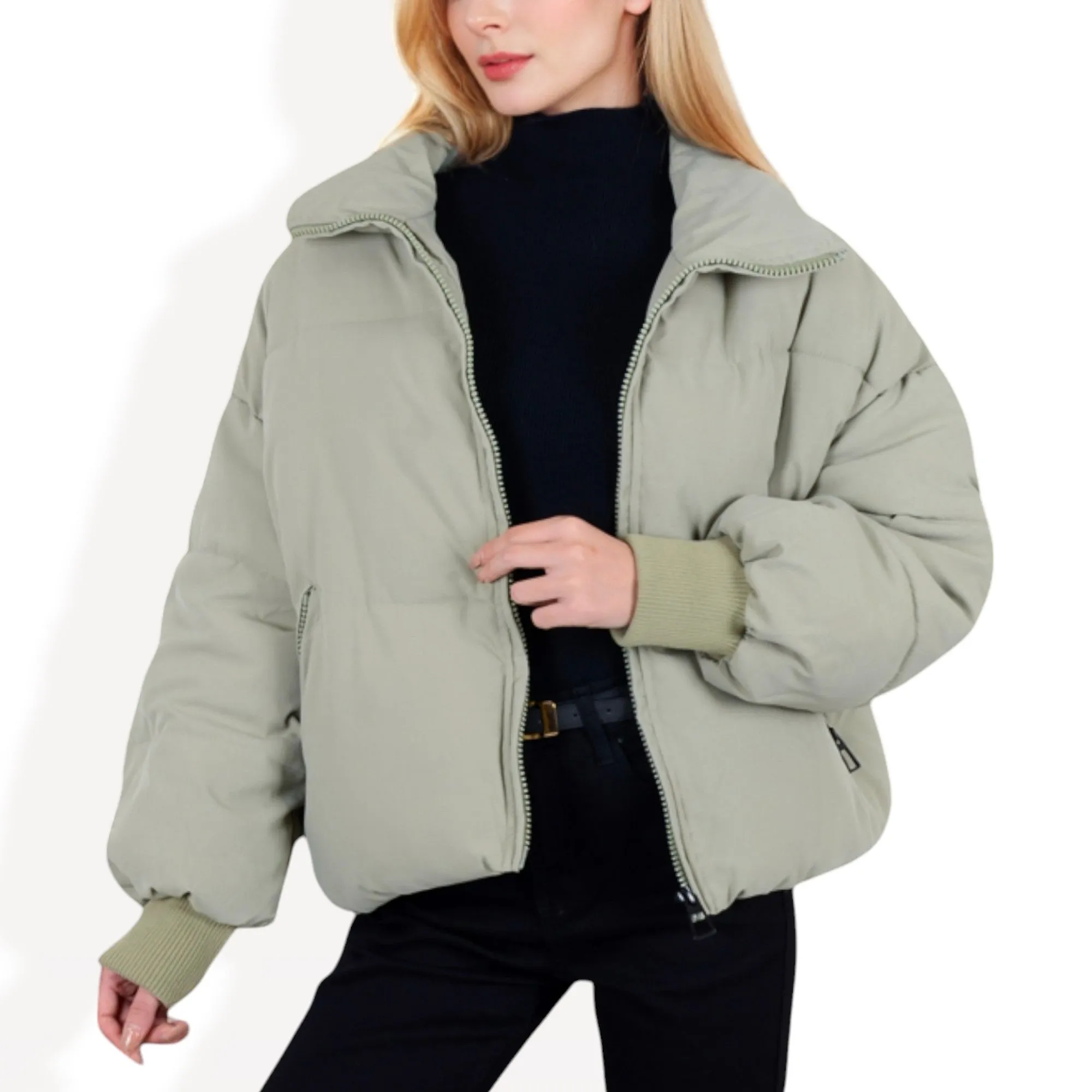 Anna-Kaci Women's Oversized Quilted Puffer Jacket with Zipper Front and Ribbed Cuffs