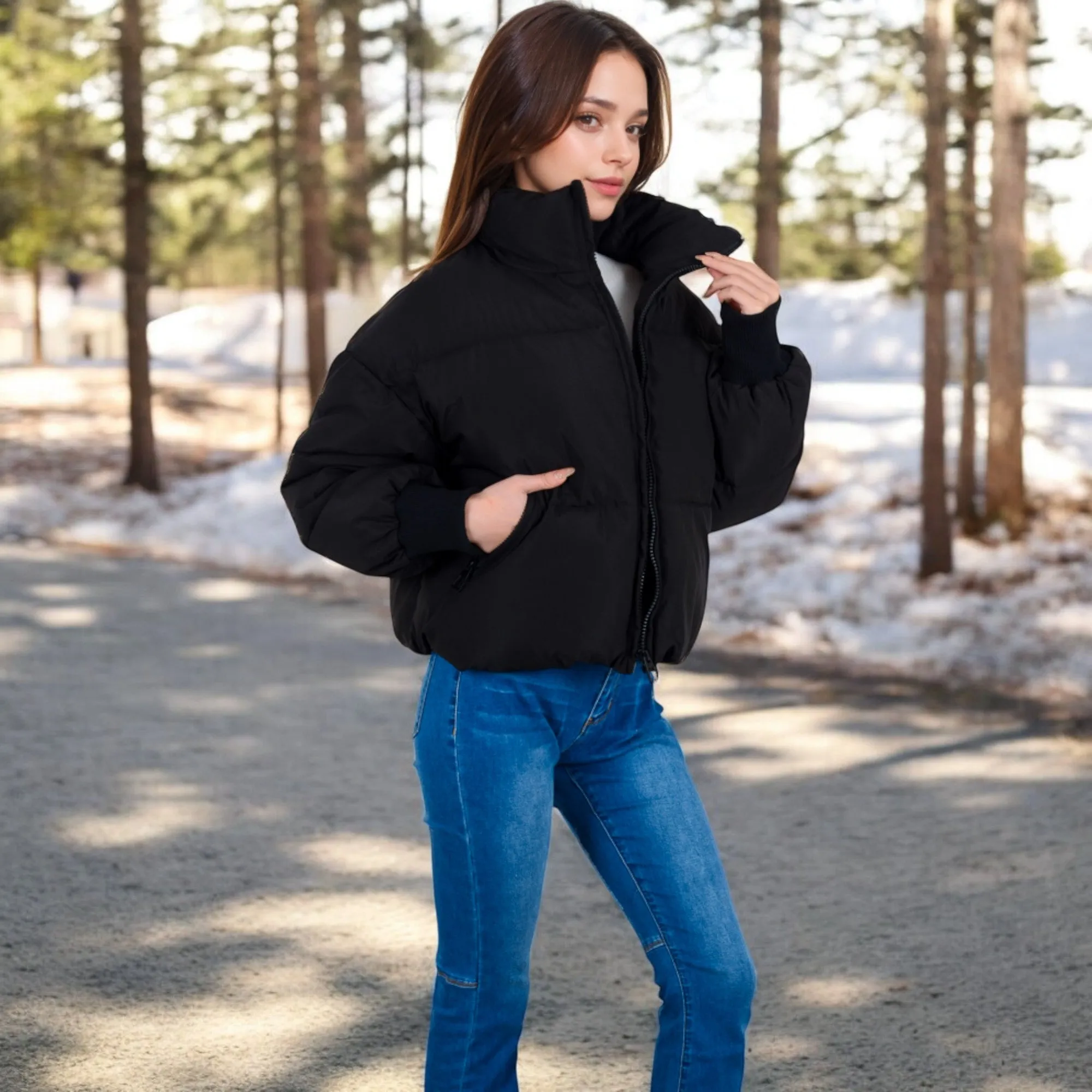 Anna-Kaci Women's Oversized Quilted Puffer Jacket with Zipper Front and Ribbed Cuffs
