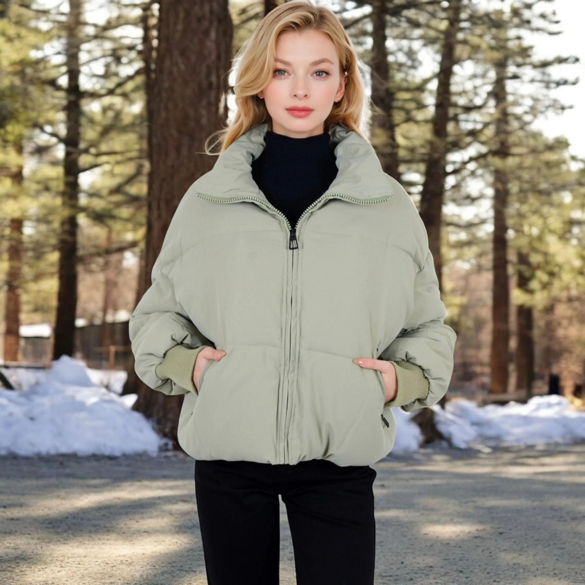 Anna-Kaci Women's Oversized Quilted Puffer Jacket with Zipper Front and Ribbed Cuffs