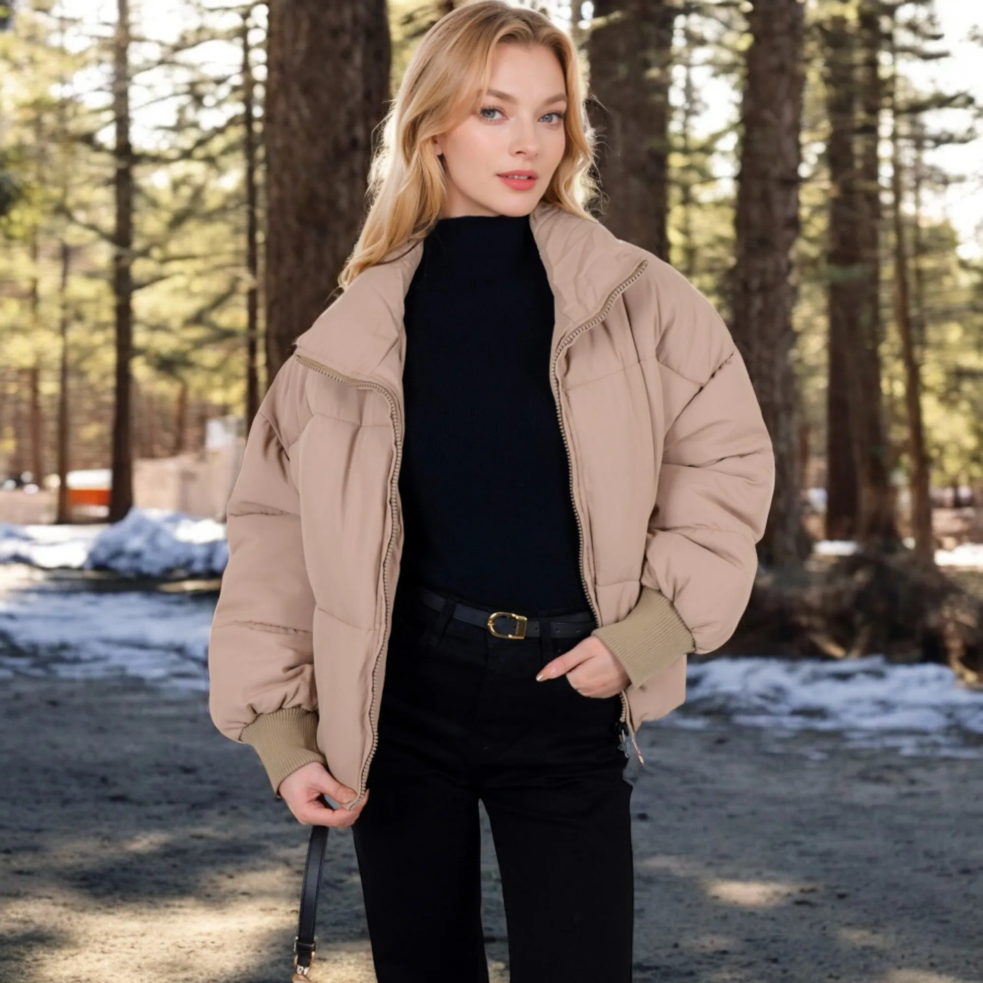 Anna-Kaci Women's Oversized Quilted Puffer Jacket with Zipper Front and Ribbed Cuffs