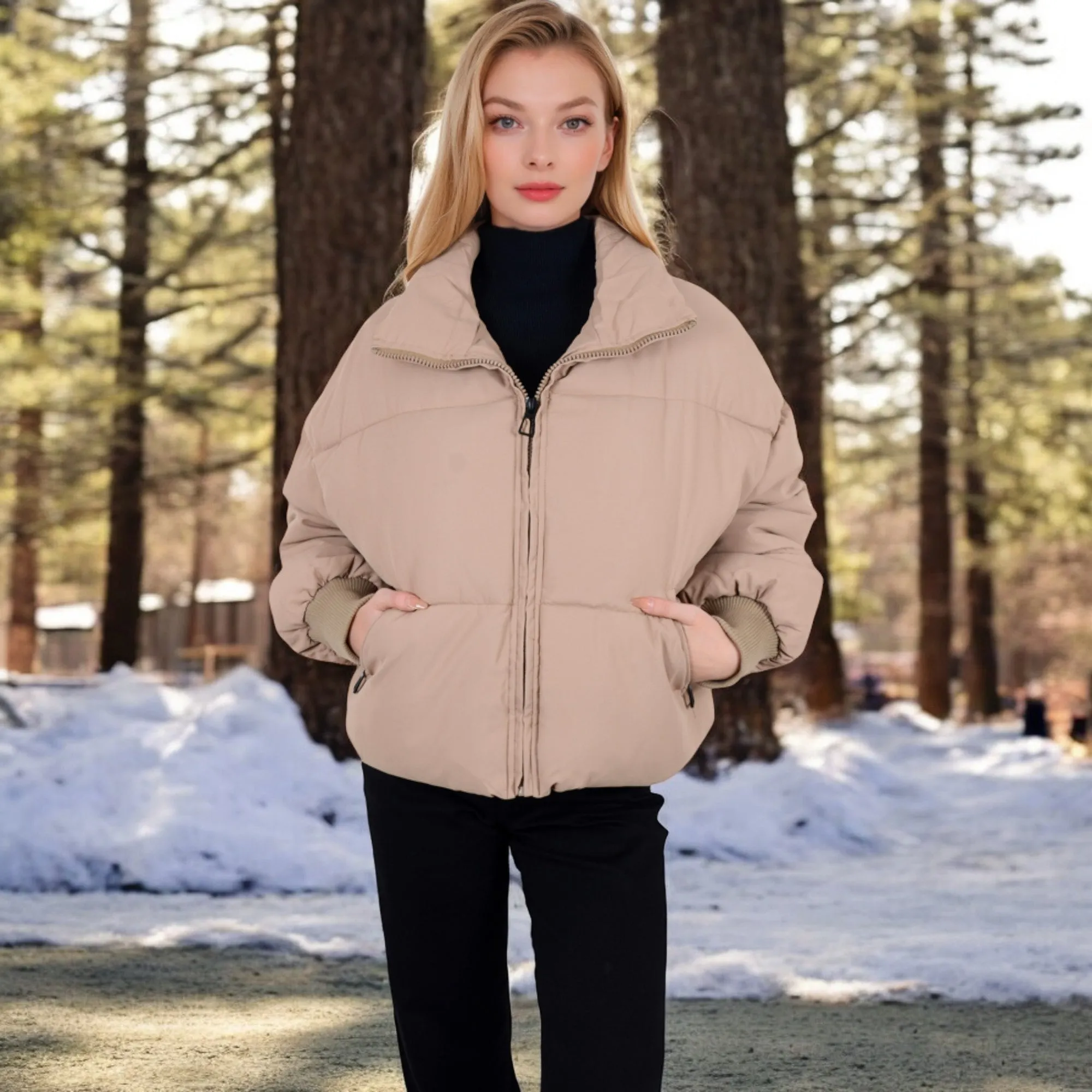 Anna-Kaci Women's Oversized Quilted Puffer Jacket with Zipper Front and Ribbed Cuffs