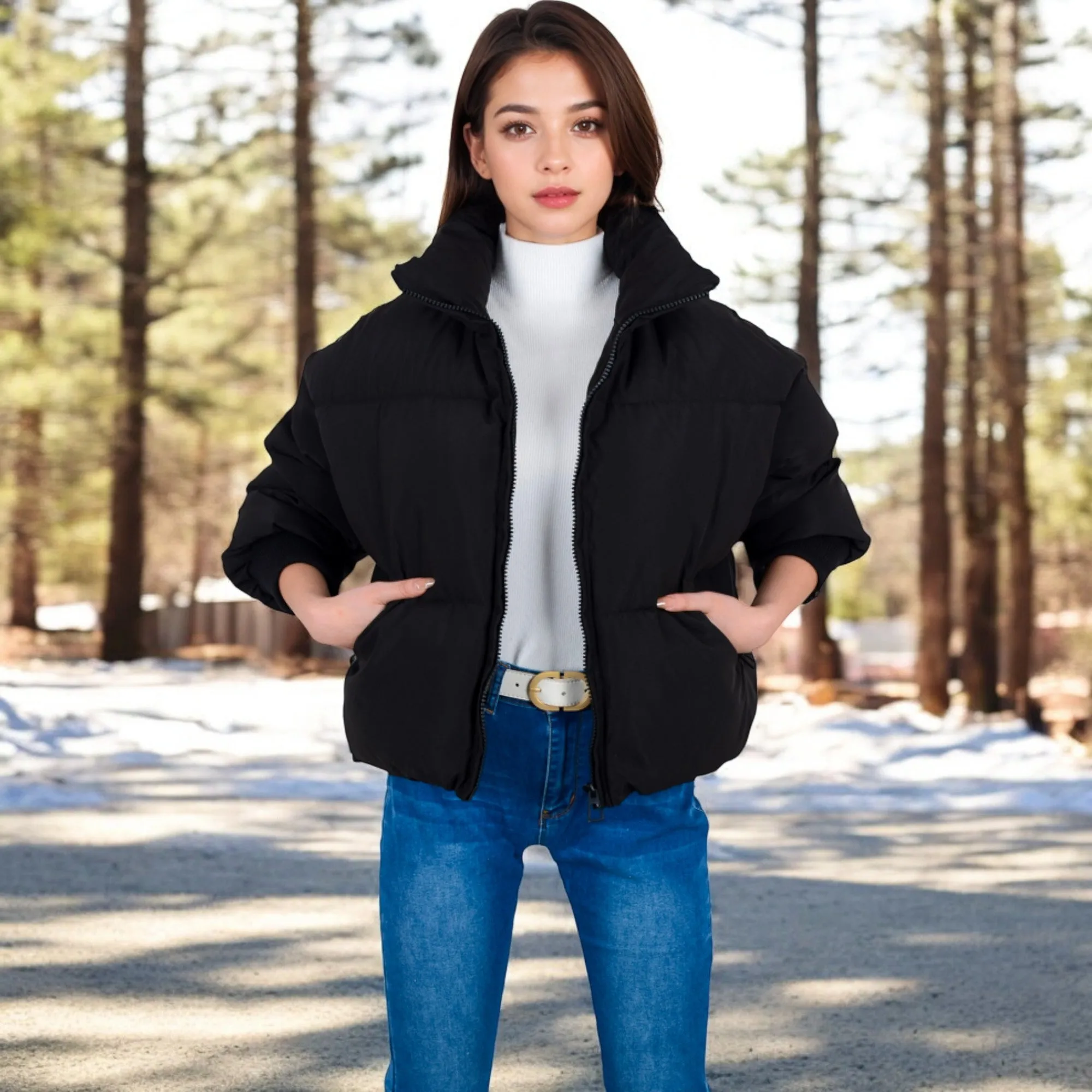 Anna-Kaci Women's Oversized Quilted Puffer Jacket with Zipper Front and Ribbed Cuffs