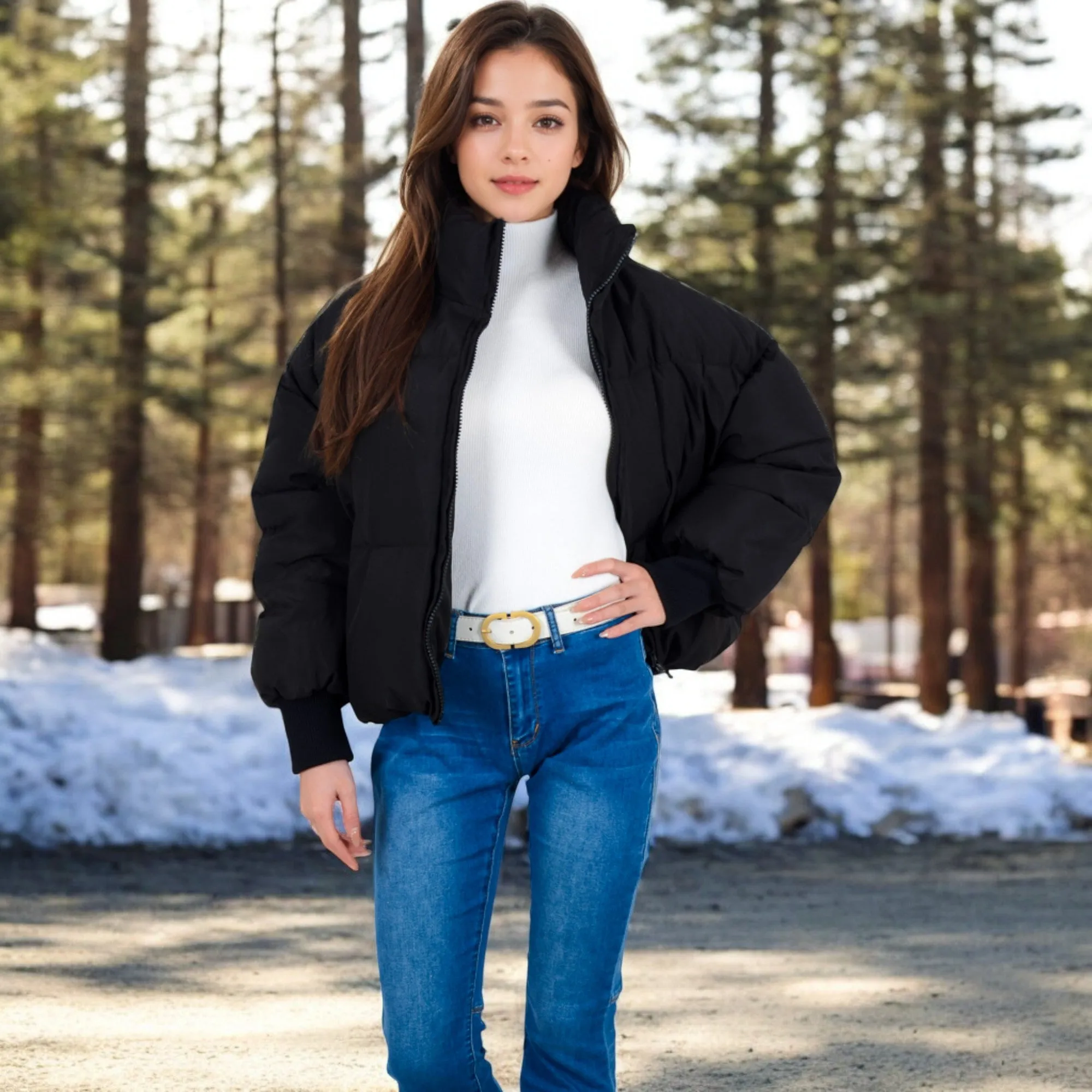 Anna-Kaci Women's Oversized Quilted Puffer Jacket with Zipper Front and Ribbed Cuffs