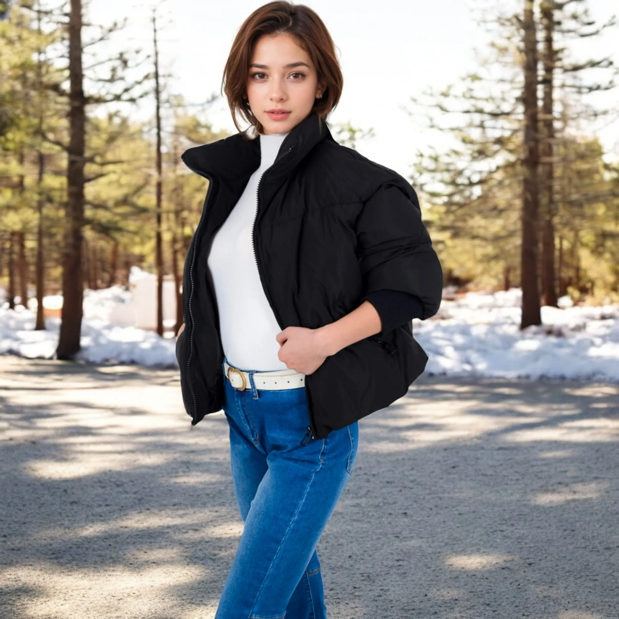 Anna-Kaci Women's Oversized Quilted Puffer Jacket with Zipper Front and Ribbed Cuffs