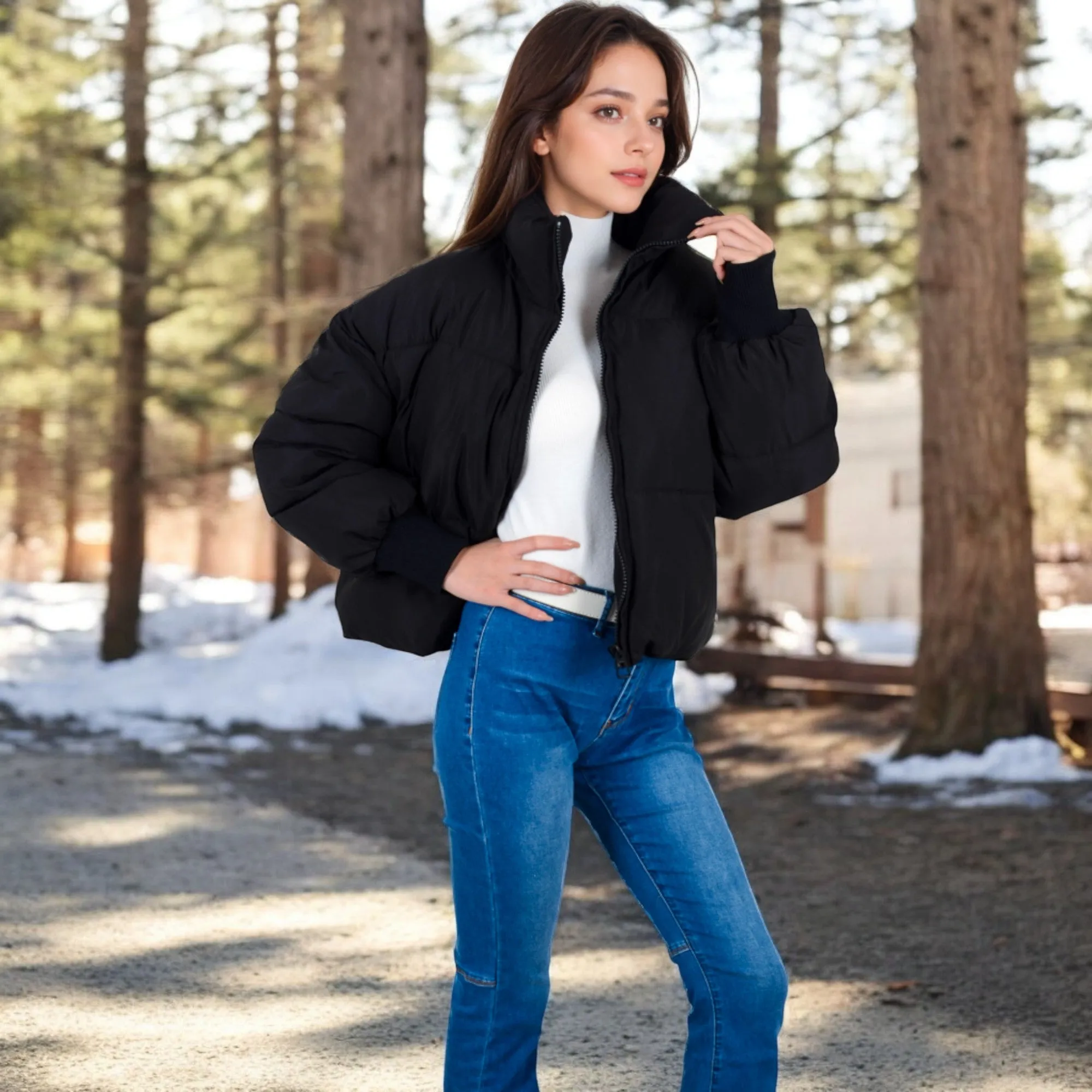 Anna-Kaci Women's Oversized Quilted Puffer Jacket with Zipper Front and Ribbed Cuffs