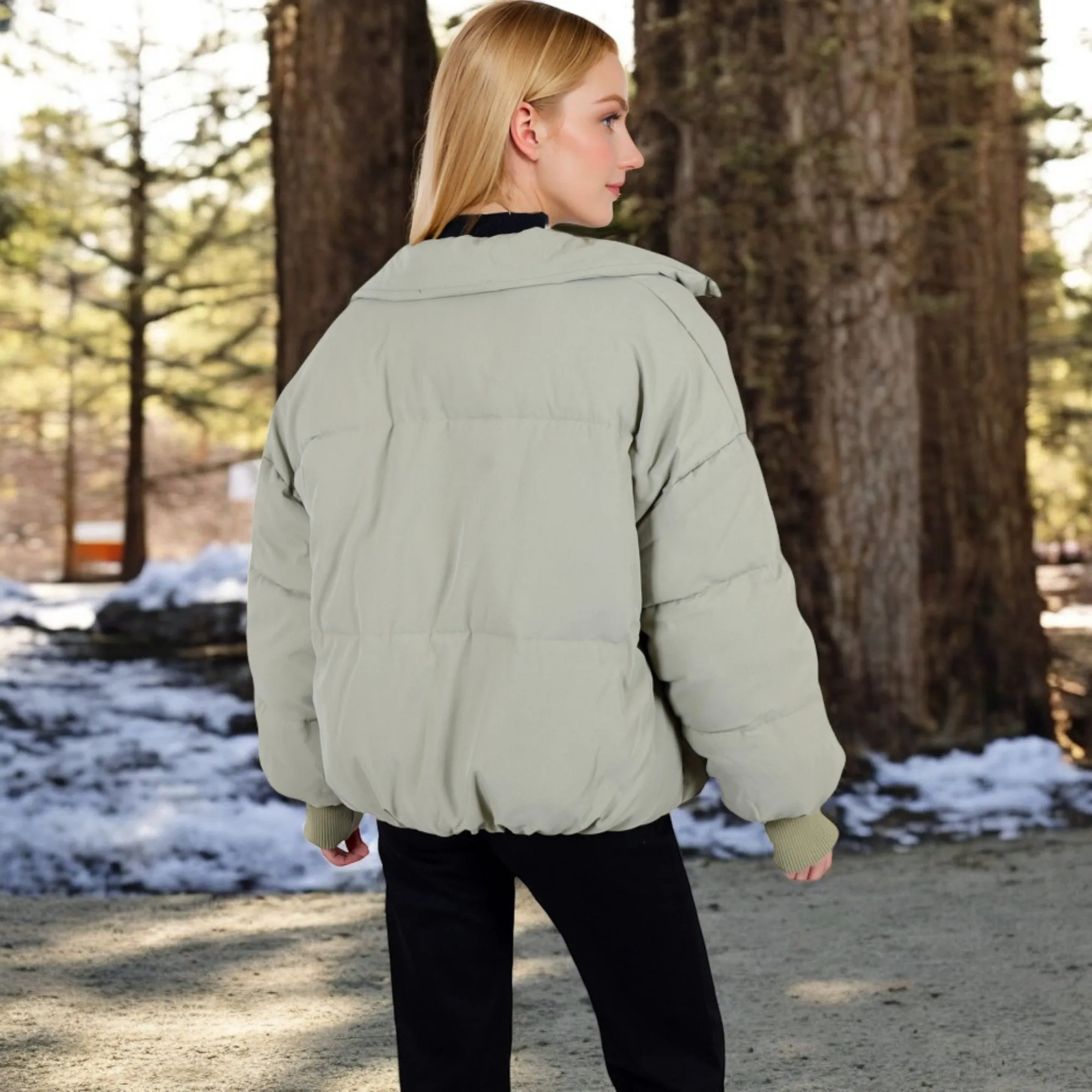 Anna-Kaci Women's Oversized Quilted Puffer Jacket with Zipper Front and Ribbed Cuffs