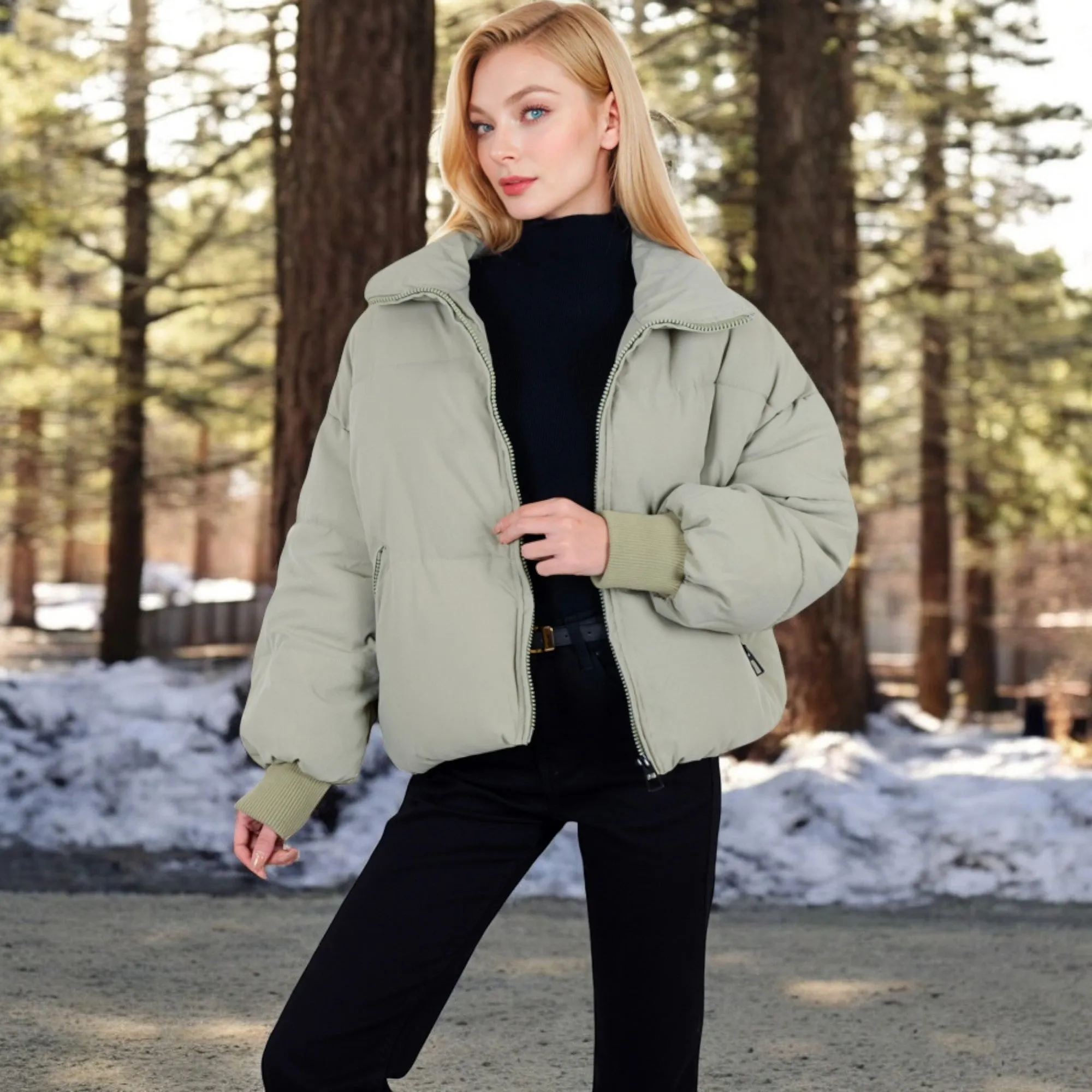 Anna-Kaci Women's Oversized Quilted Puffer Jacket with Zipper Front and Ribbed Cuffs