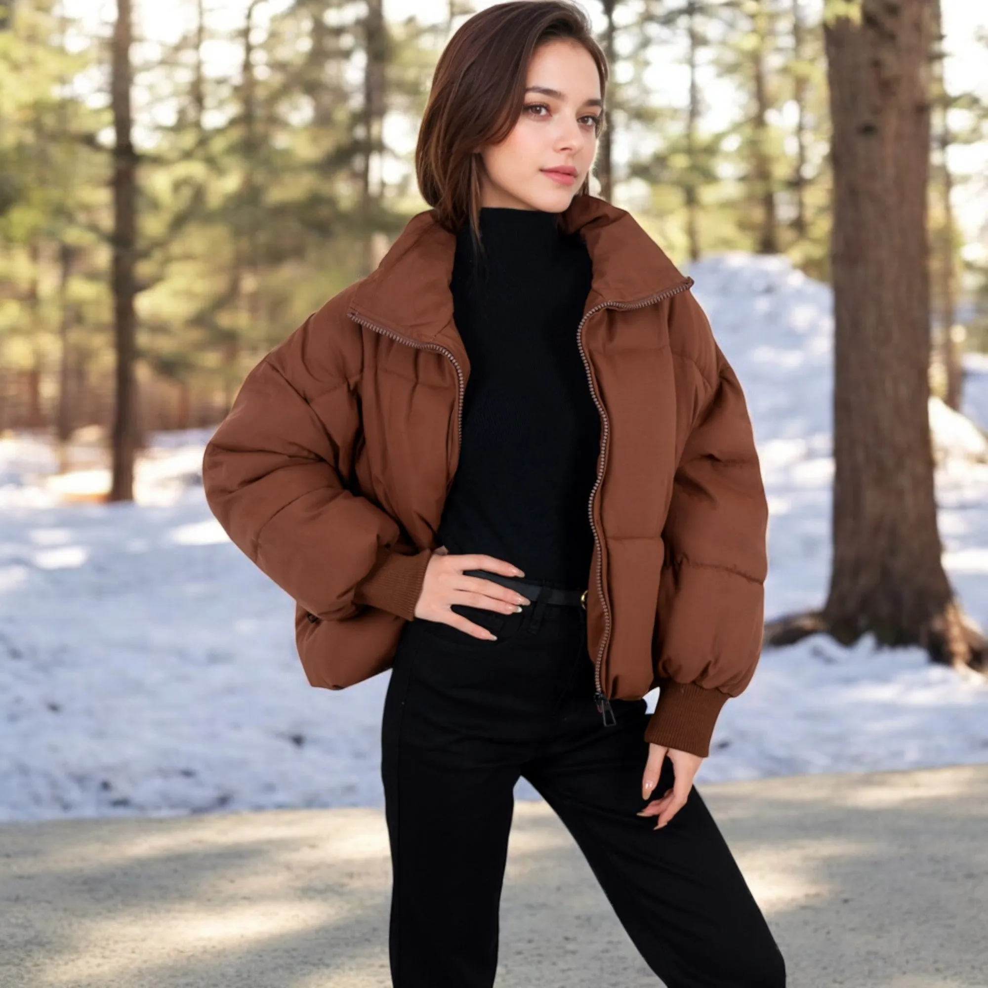 Anna-Kaci Women's Oversized Quilted Puffer Jacket with Zipper Front and Ribbed Cuffs