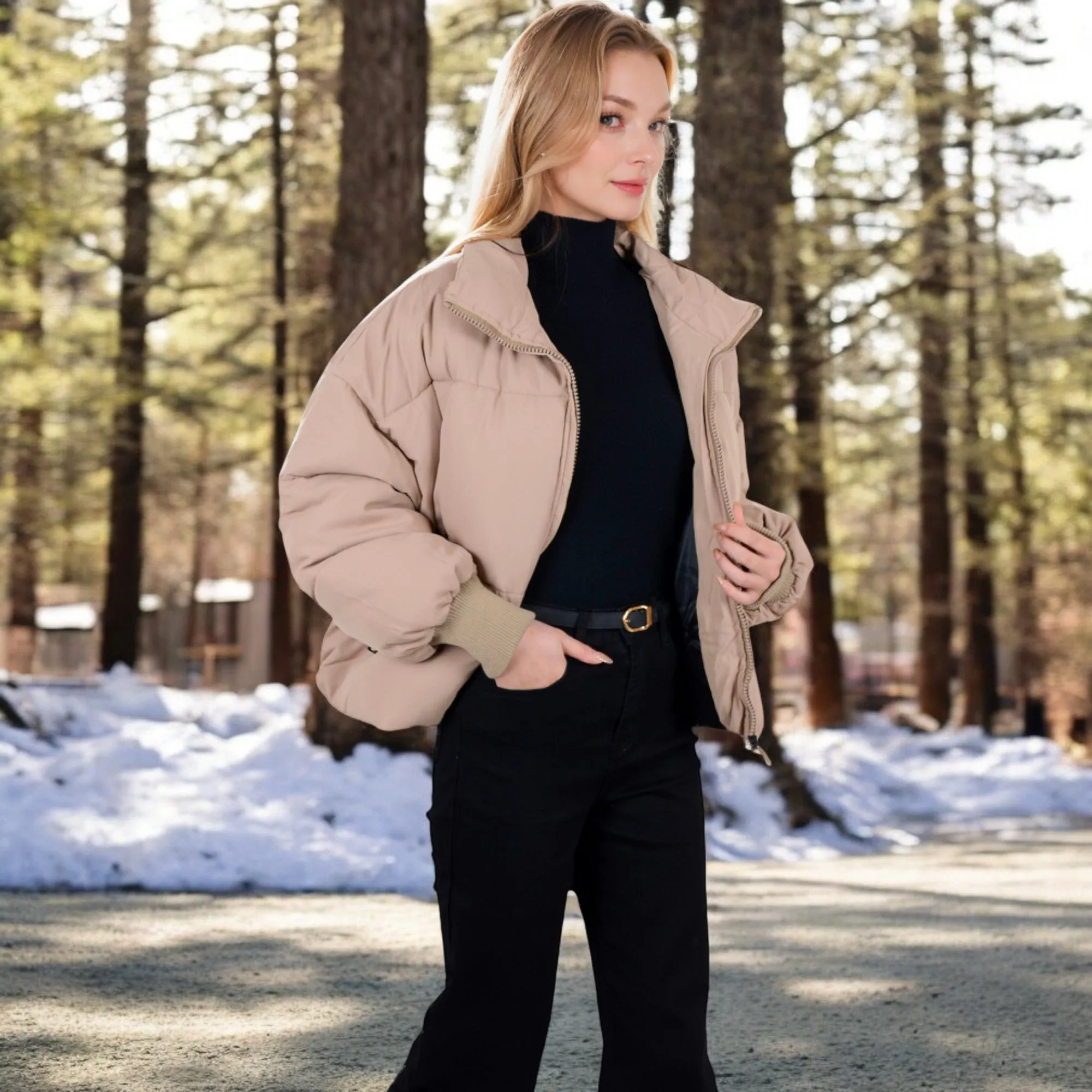 Anna-Kaci Women's Oversized Quilted Puffer Jacket with Zipper Front and Ribbed Cuffs
