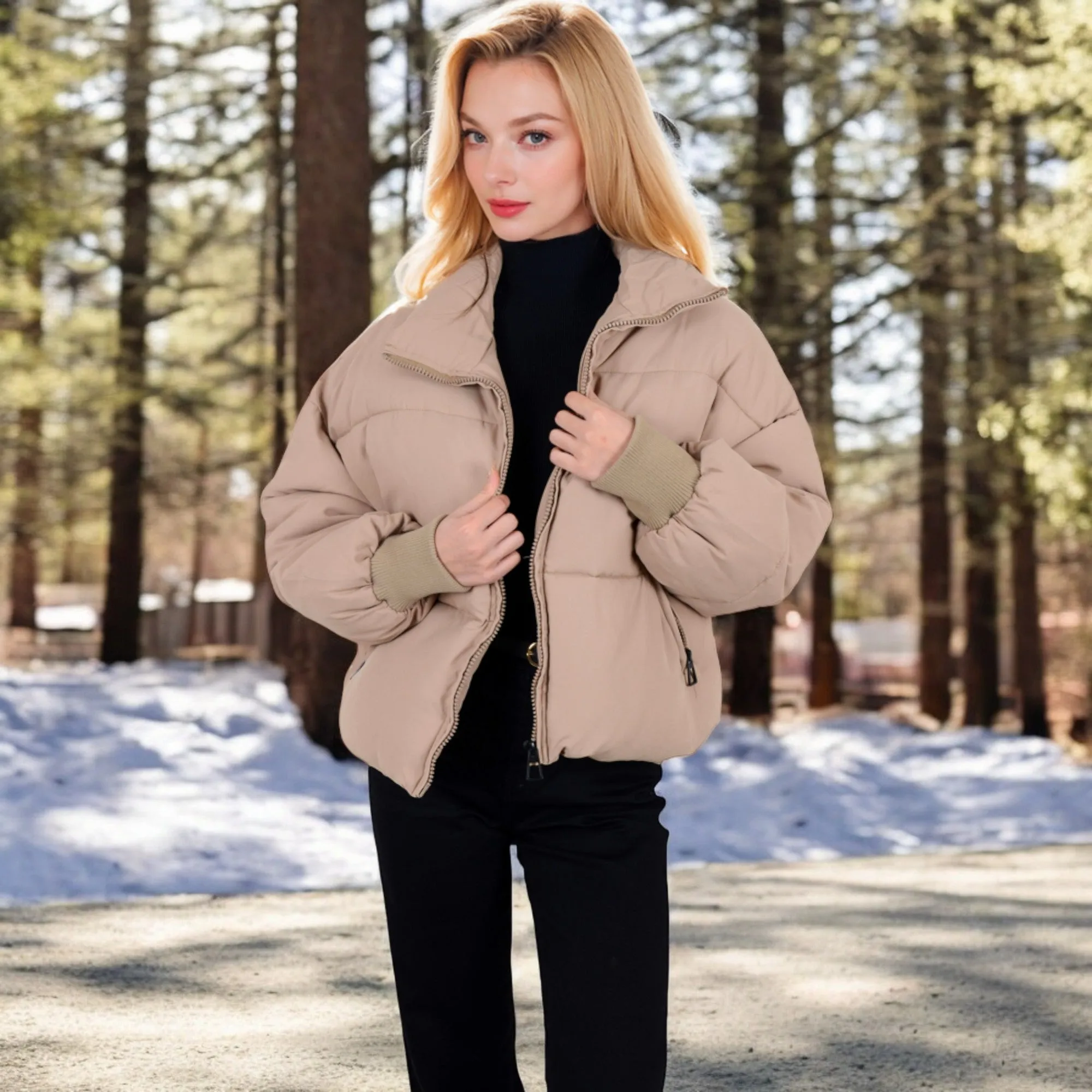 Anna-Kaci Women's Oversized Quilted Puffer Jacket with Zipper Front and Ribbed Cuffs