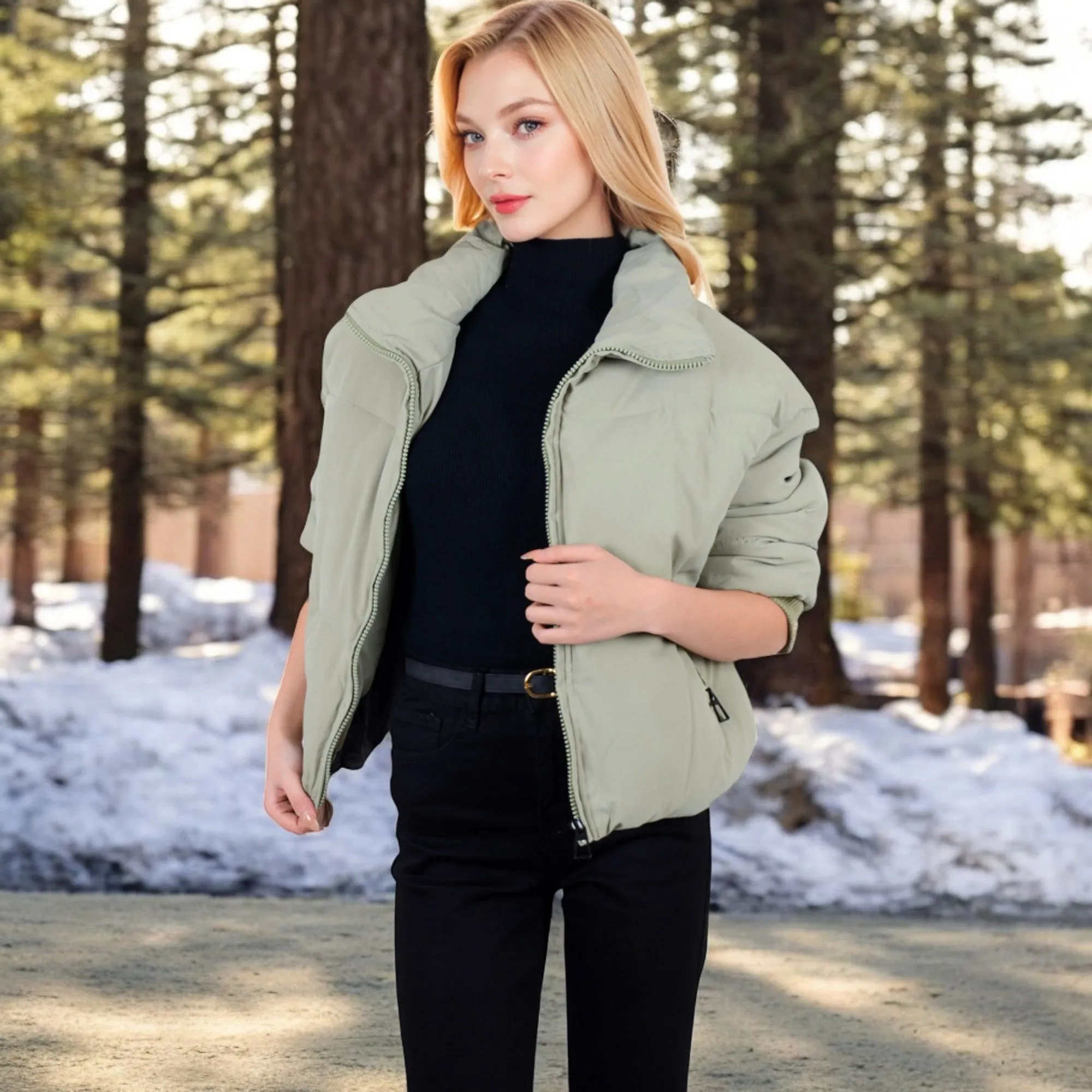 Anna-Kaci Women's Oversized Quilted Puffer Jacket with Zipper Front and Ribbed Cuffs