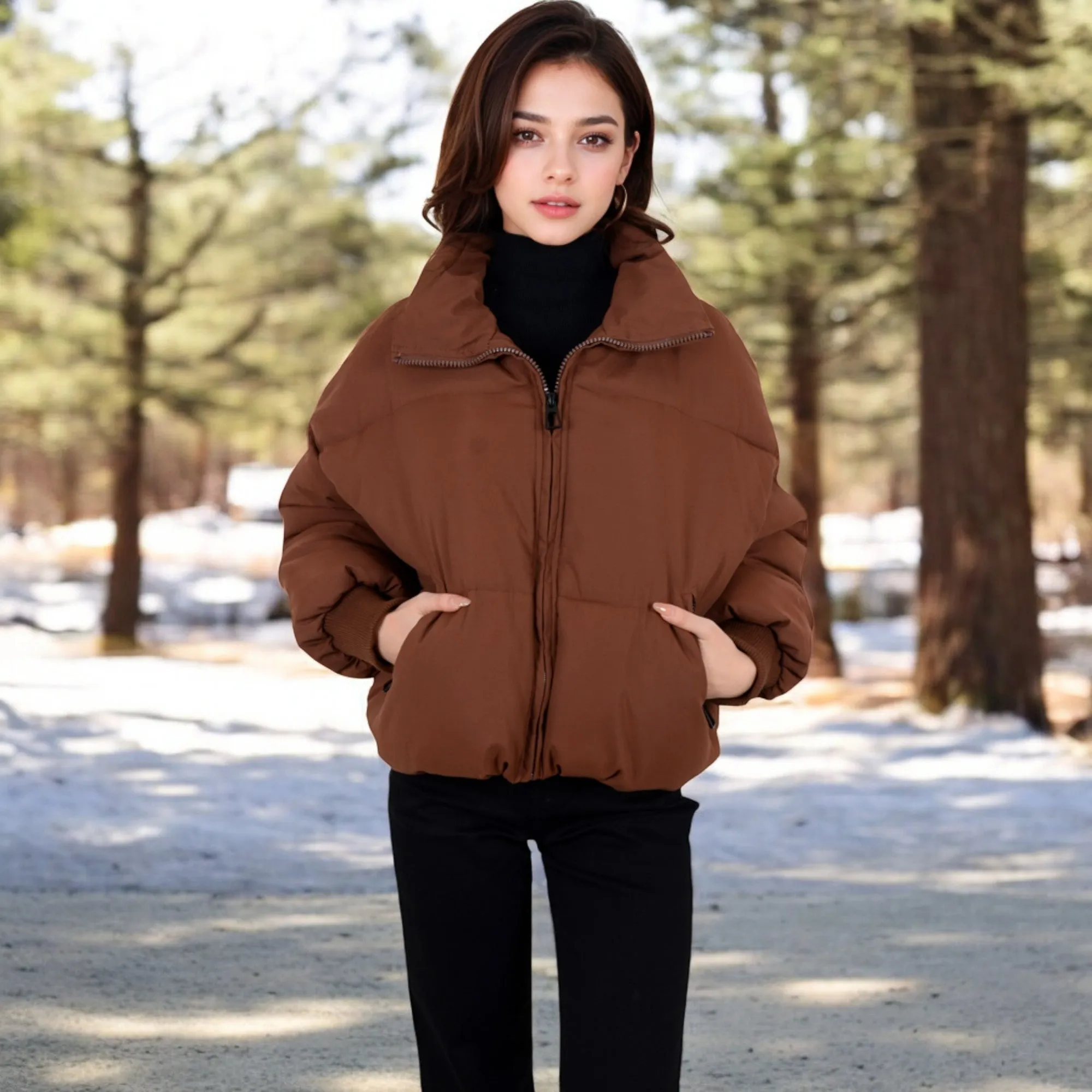 Anna-Kaci Women's Oversized Quilted Puffer Jacket with Zipper Front and Ribbed Cuffs