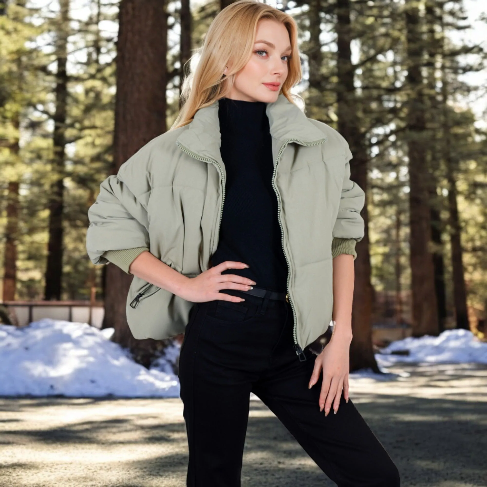 Anna-Kaci Women's Oversized Quilted Puffer Jacket with Zipper Front and Ribbed Cuffs