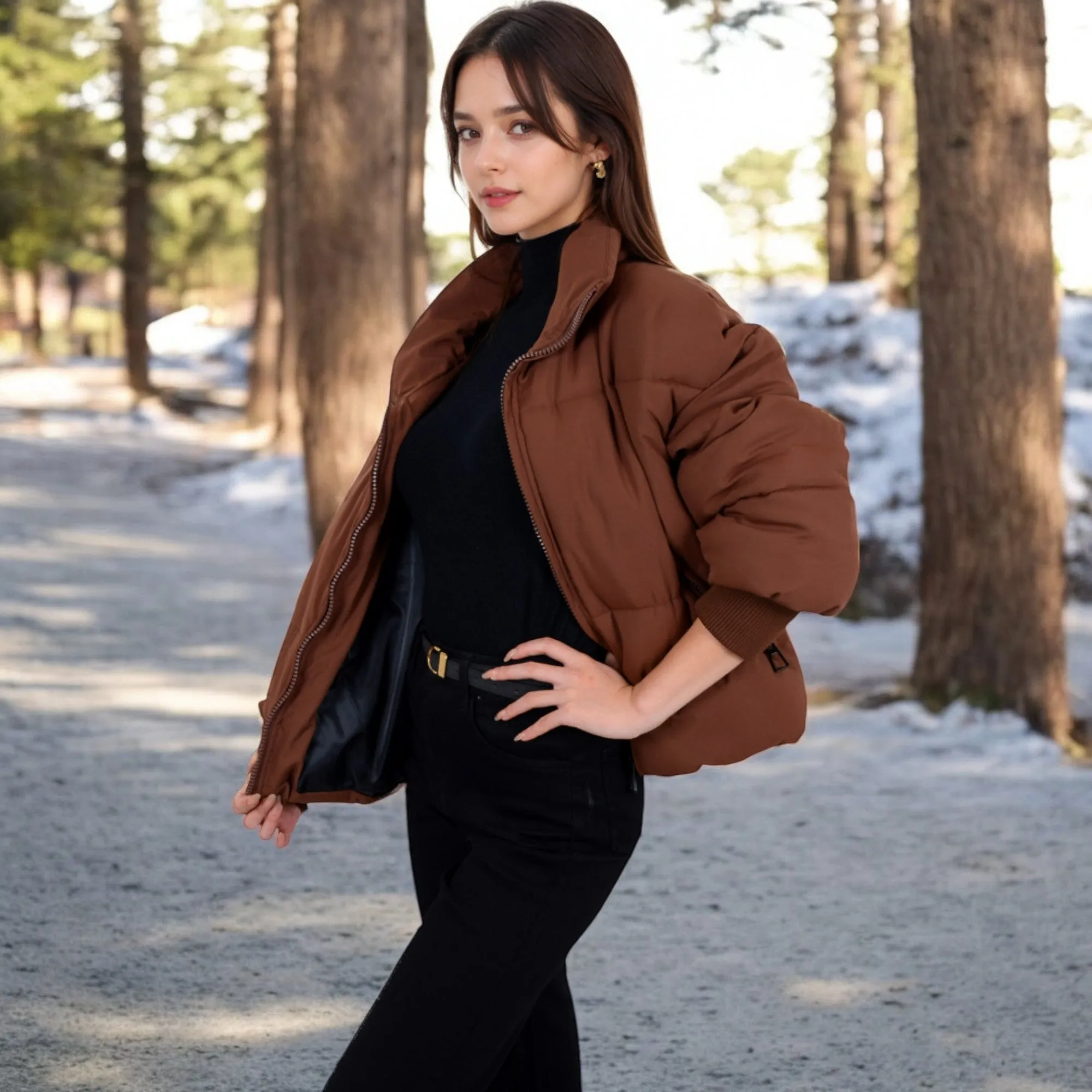 Anna-Kaci Women's Oversized Quilted Puffer Jacket with Zipper Front and Ribbed Cuffs