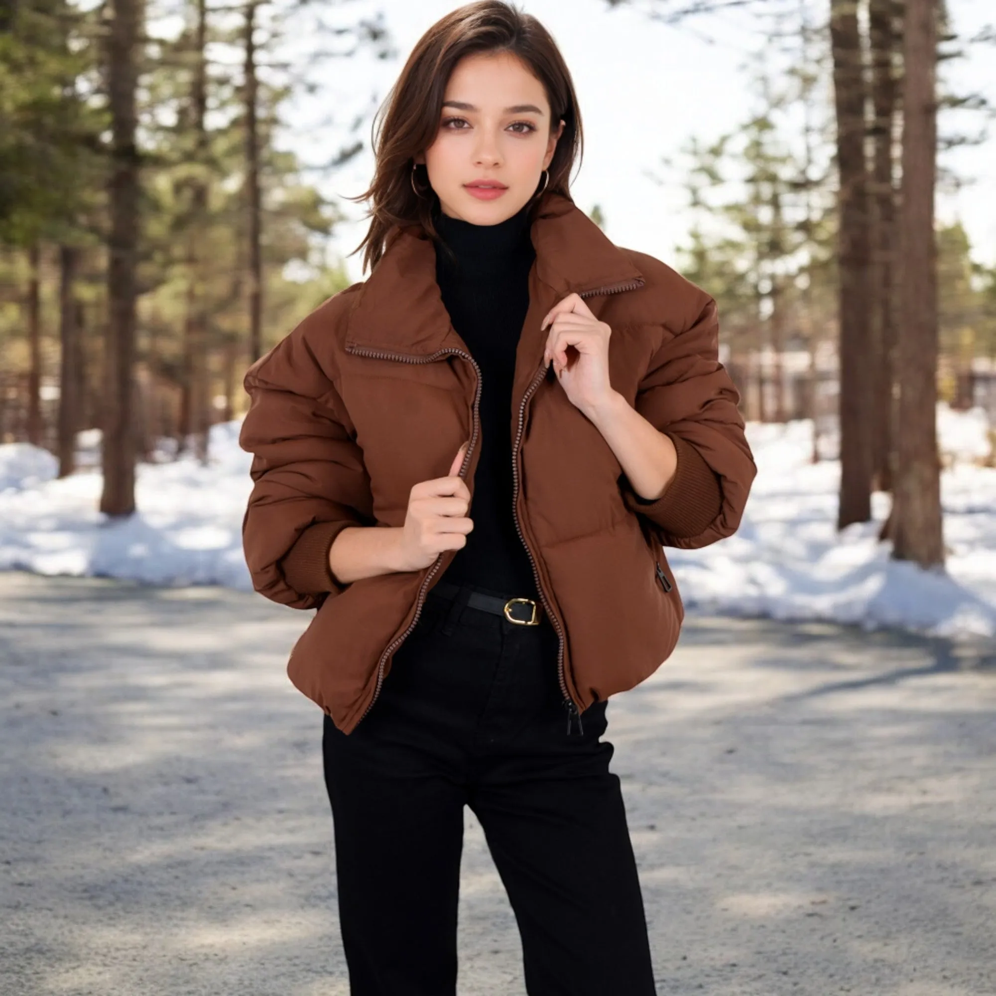 Anna-Kaci Women's Oversized Quilted Puffer Jacket with Zipper Front and Ribbed Cuffs