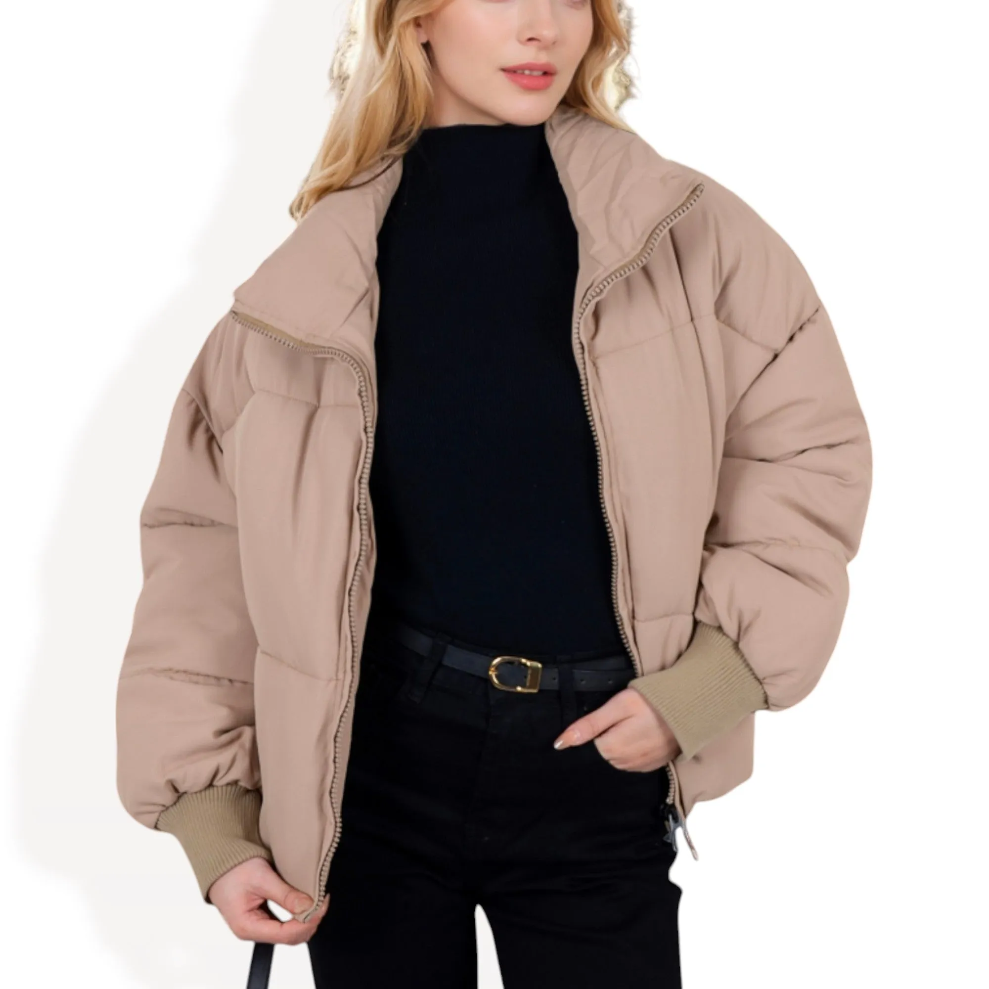 Anna-Kaci Women's Oversized Quilted Puffer Jacket with Zipper Front and Ribbed Cuffs