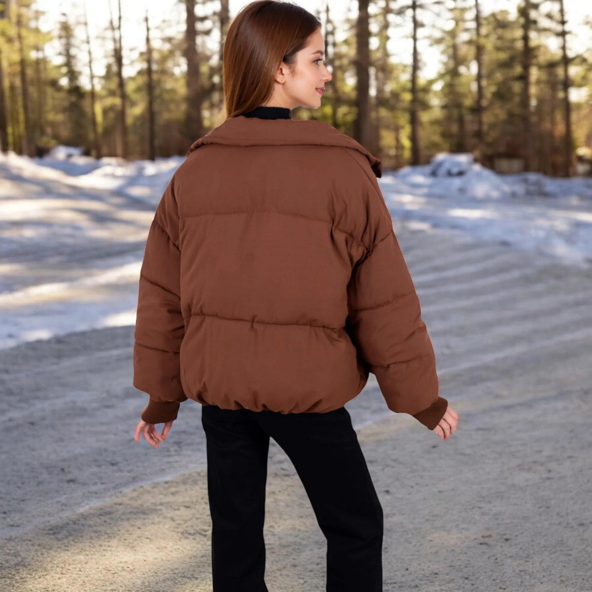 Anna-Kaci Women's Oversized Quilted Puffer Jacket with Zipper Front and Ribbed Cuffs