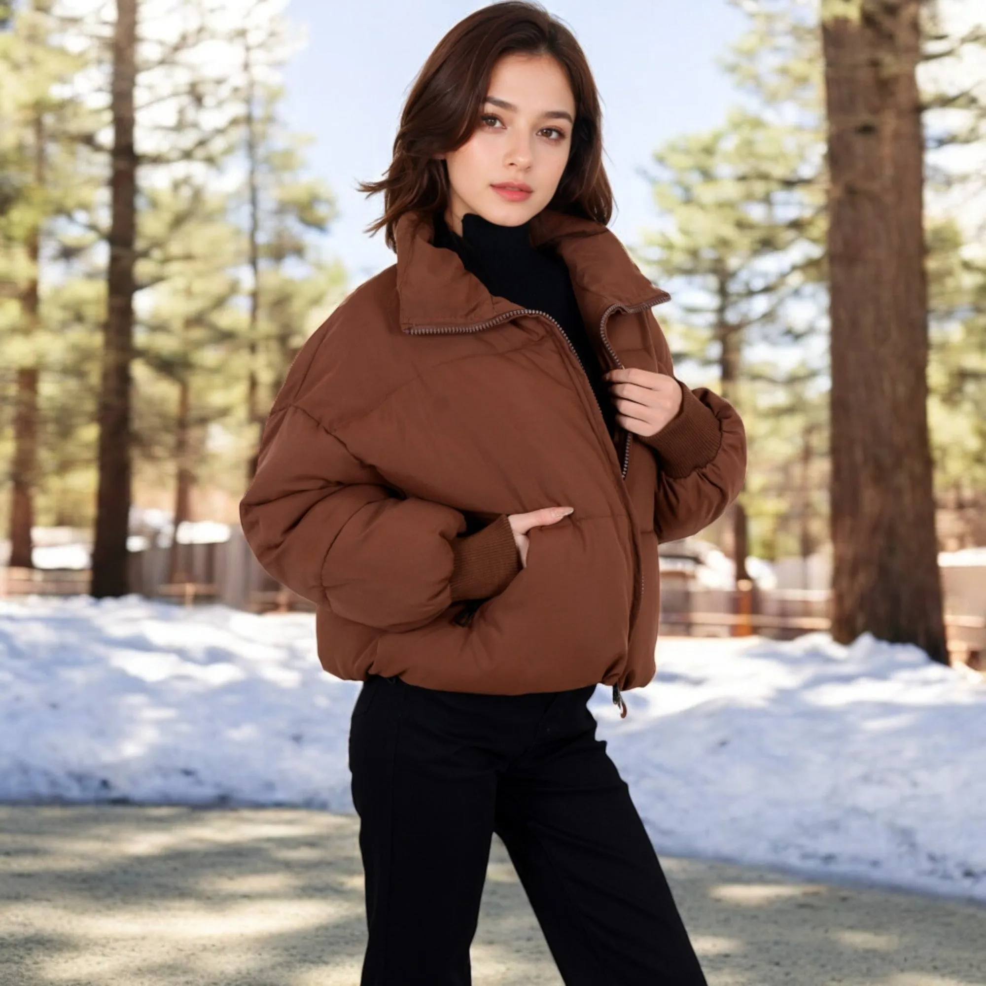 Anna-Kaci Women's Oversized Quilted Puffer Jacket with Zipper Front and Ribbed Cuffs
