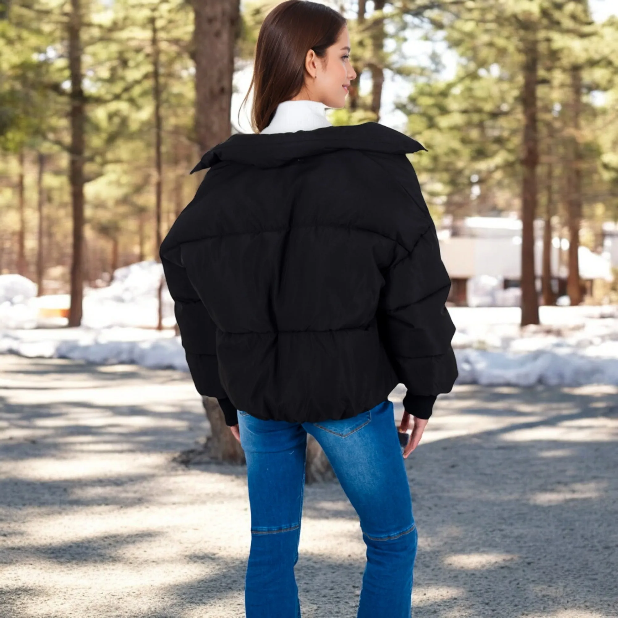 Anna-Kaci Women's Oversized Quilted Puffer Jacket with Zipper Front and Ribbed Cuffs