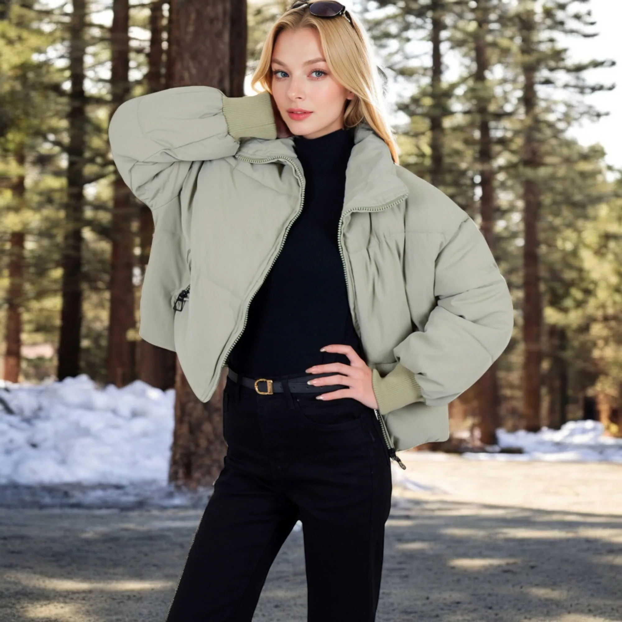 Anna-Kaci Women's Oversized Quilted Puffer Jacket with Zipper Front and Ribbed Cuffs