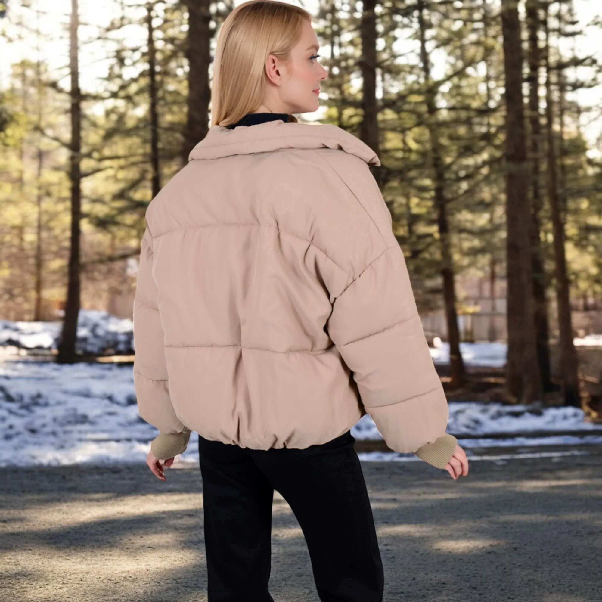 Anna-Kaci Women's Oversized Quilted Puffer Jacket with Zipper Front and Ribbed Cuffs