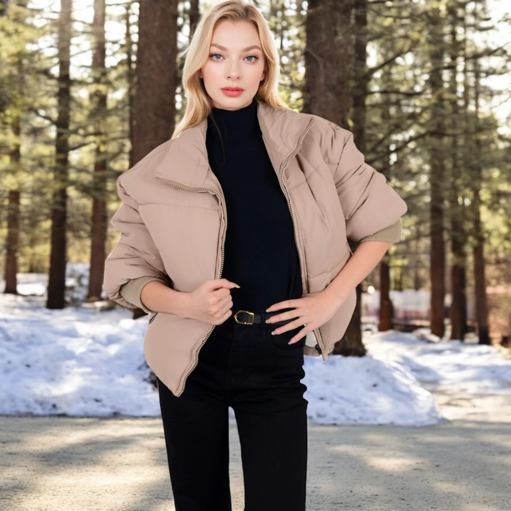 Anna-Kaci Women's Oversized Quilted Puffer Jacket with Zipper Front and Ribbed Cuffs