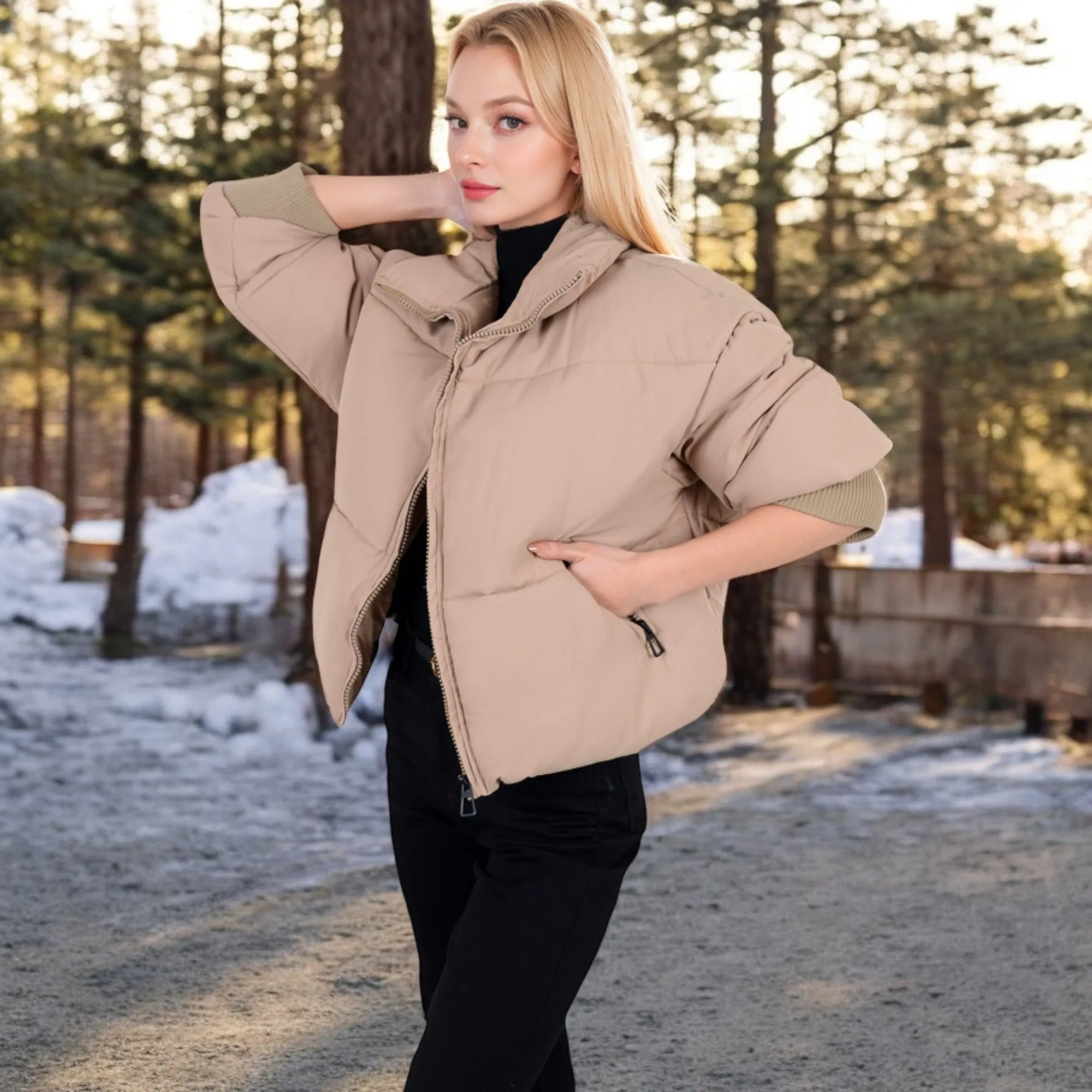 Anna-Kaci Women's Oversized Quilted Puffer Jacket with Zipper Front and Ribbed Cuffs