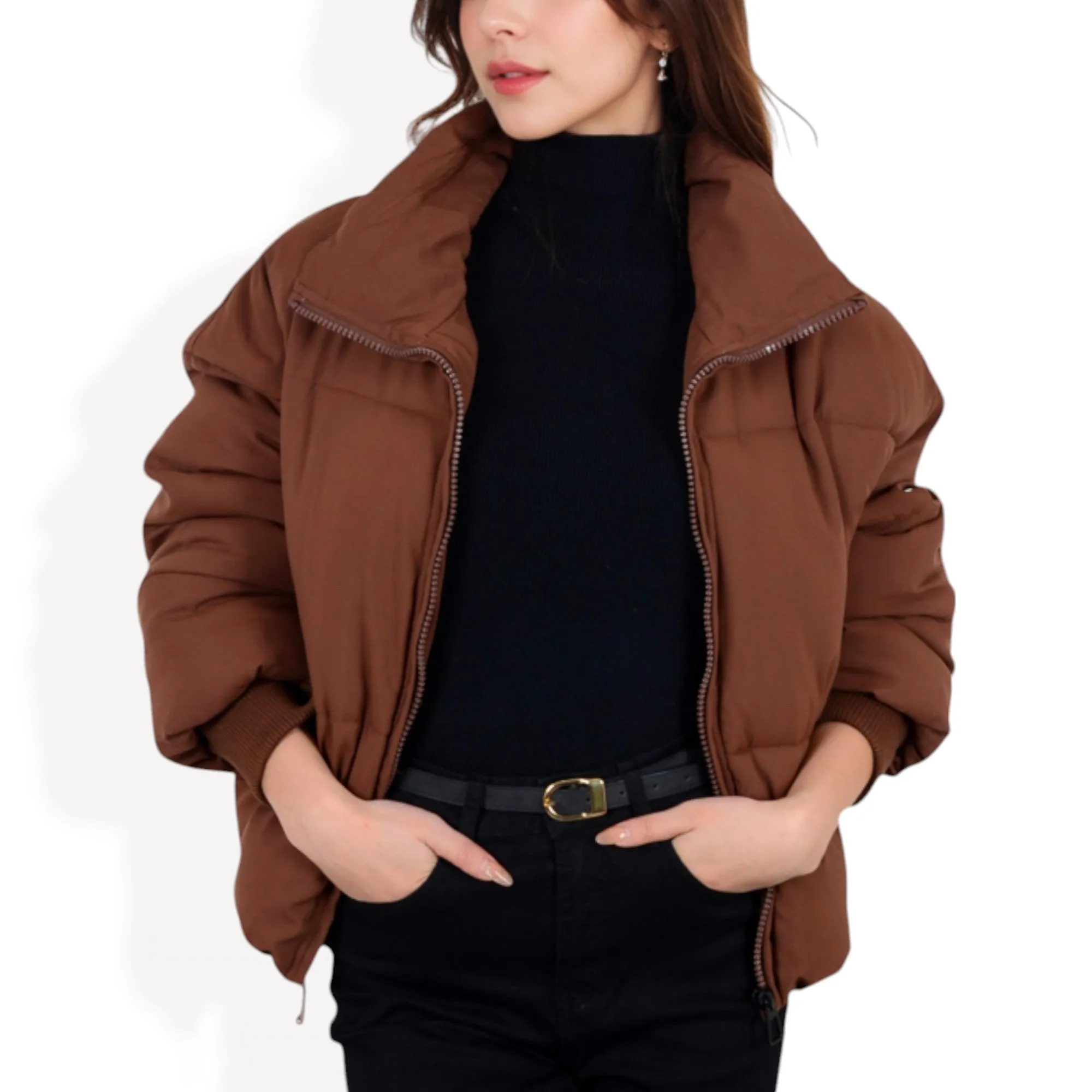 Anna-Kaci Women's Oversized Quilted Puffer Jacket with Zipper Front and Ribbed Cuffs