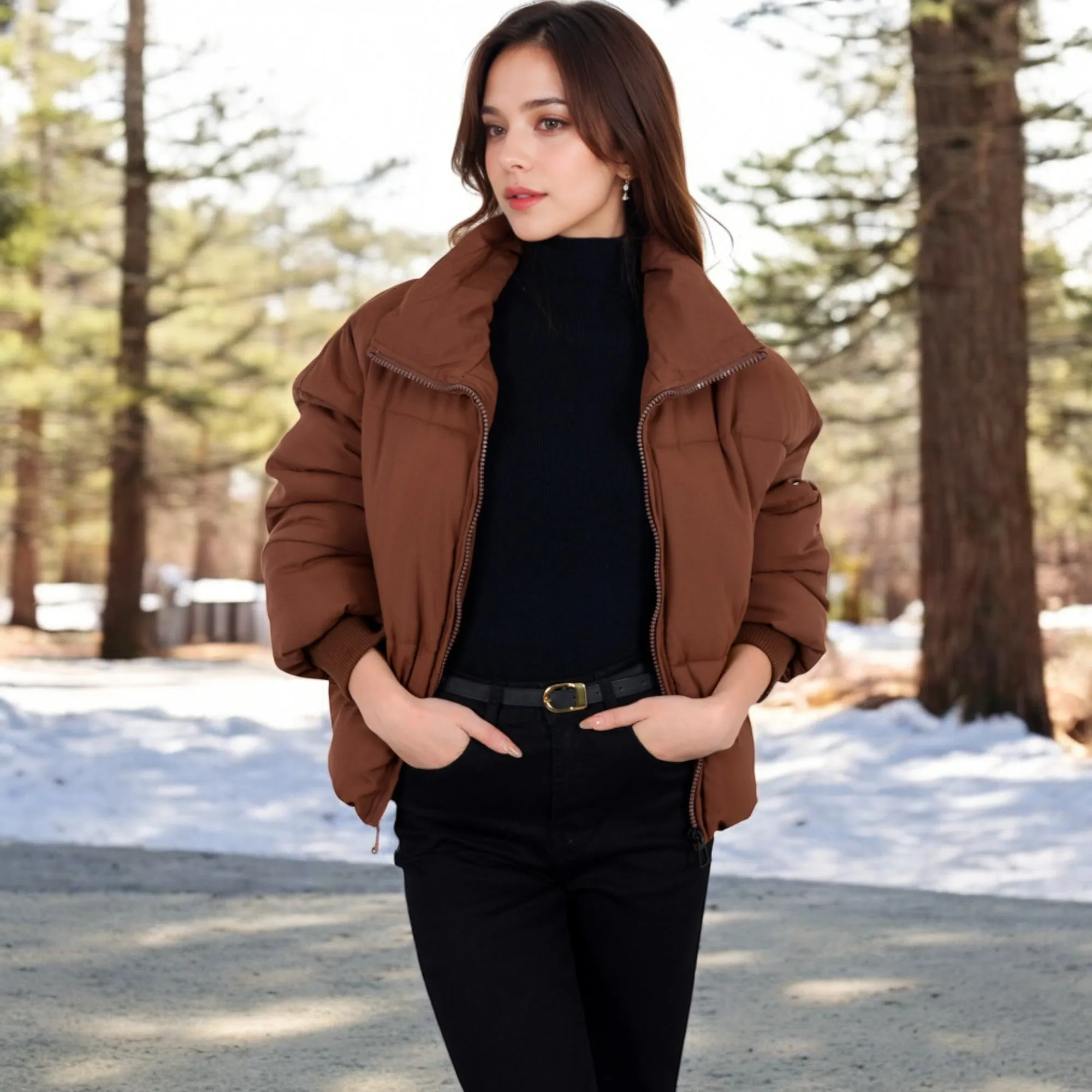 Anna-Kaci Women's Oversized Quilted Puffer Jacket with Zipper Front and Ribbed Cuffs