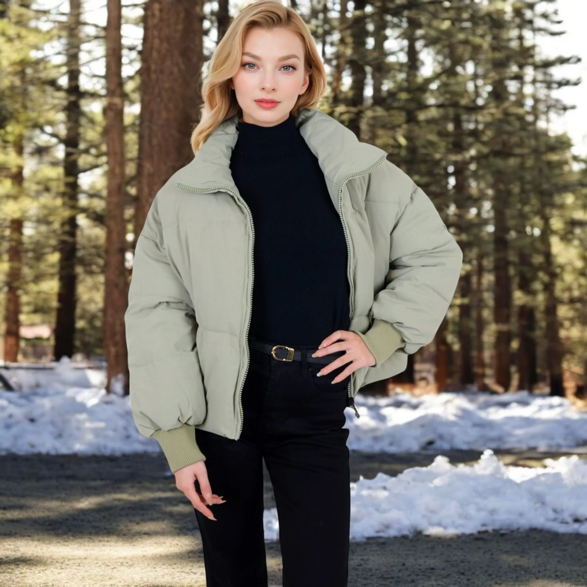 Anna-Kaci Women's Oversized Quilted Puffer Jacket with Zipper Front and Ribbed Cuffs