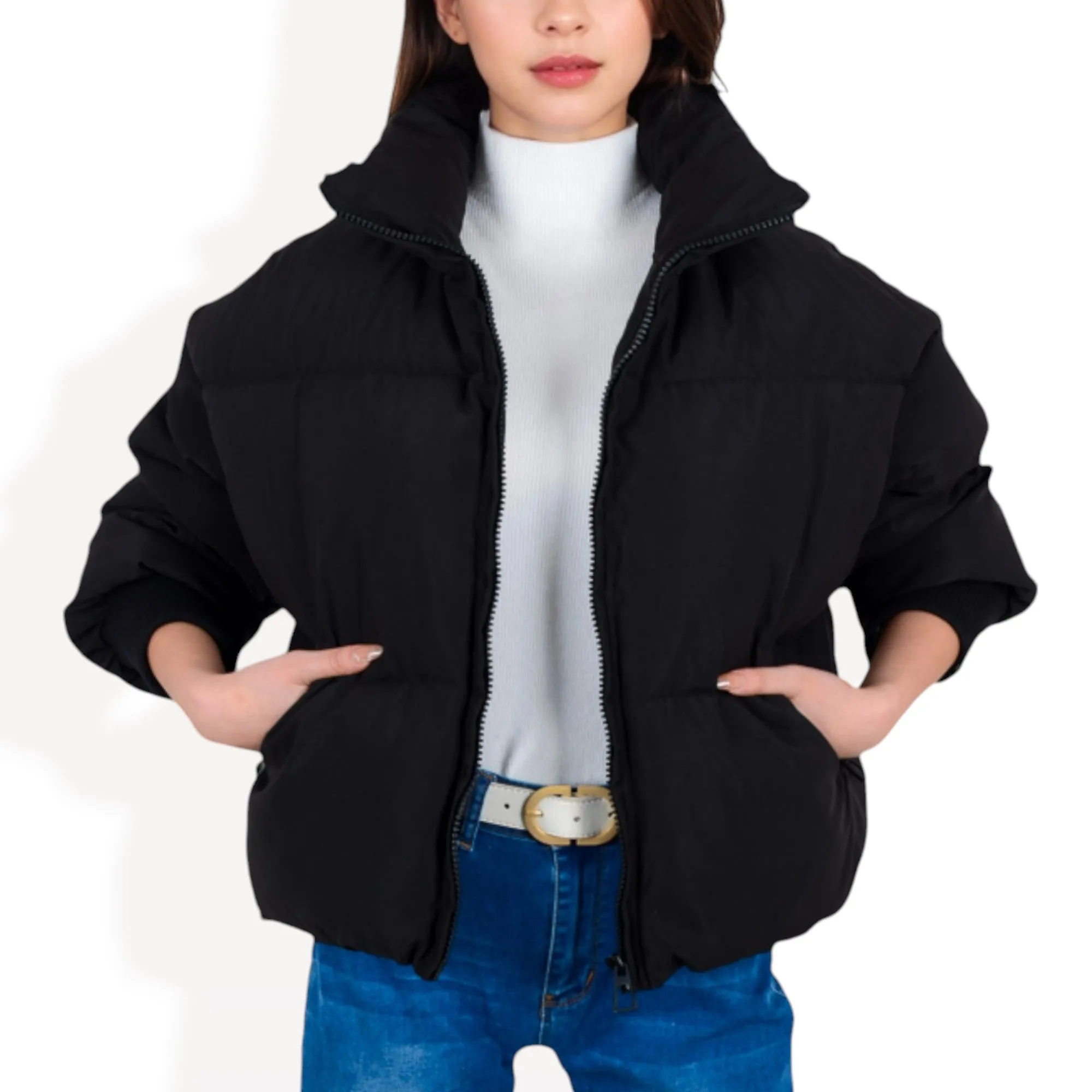 Anna-Kaci Women's Oversized Quilted Puffer Jacket with Zipper Front and Ribbed Cuffs