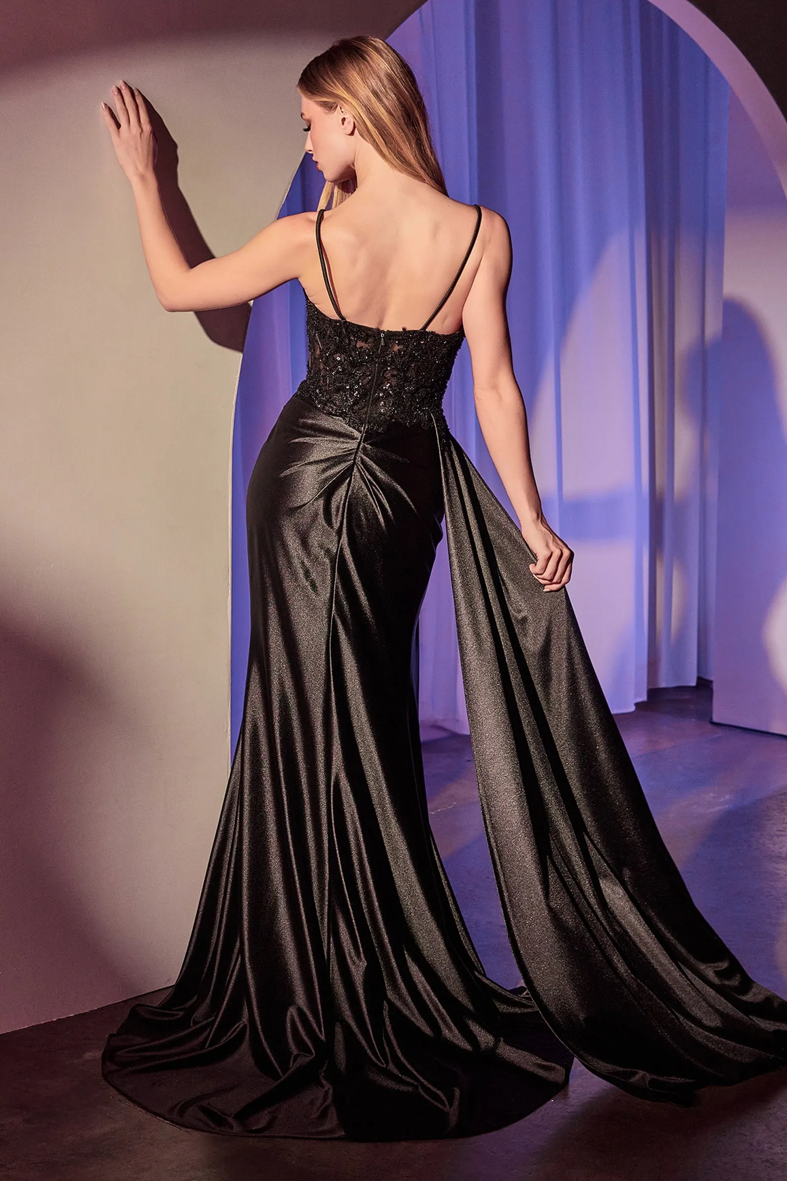 Applique Satin Sleeveless Slit Gown by Ladivine KV1117