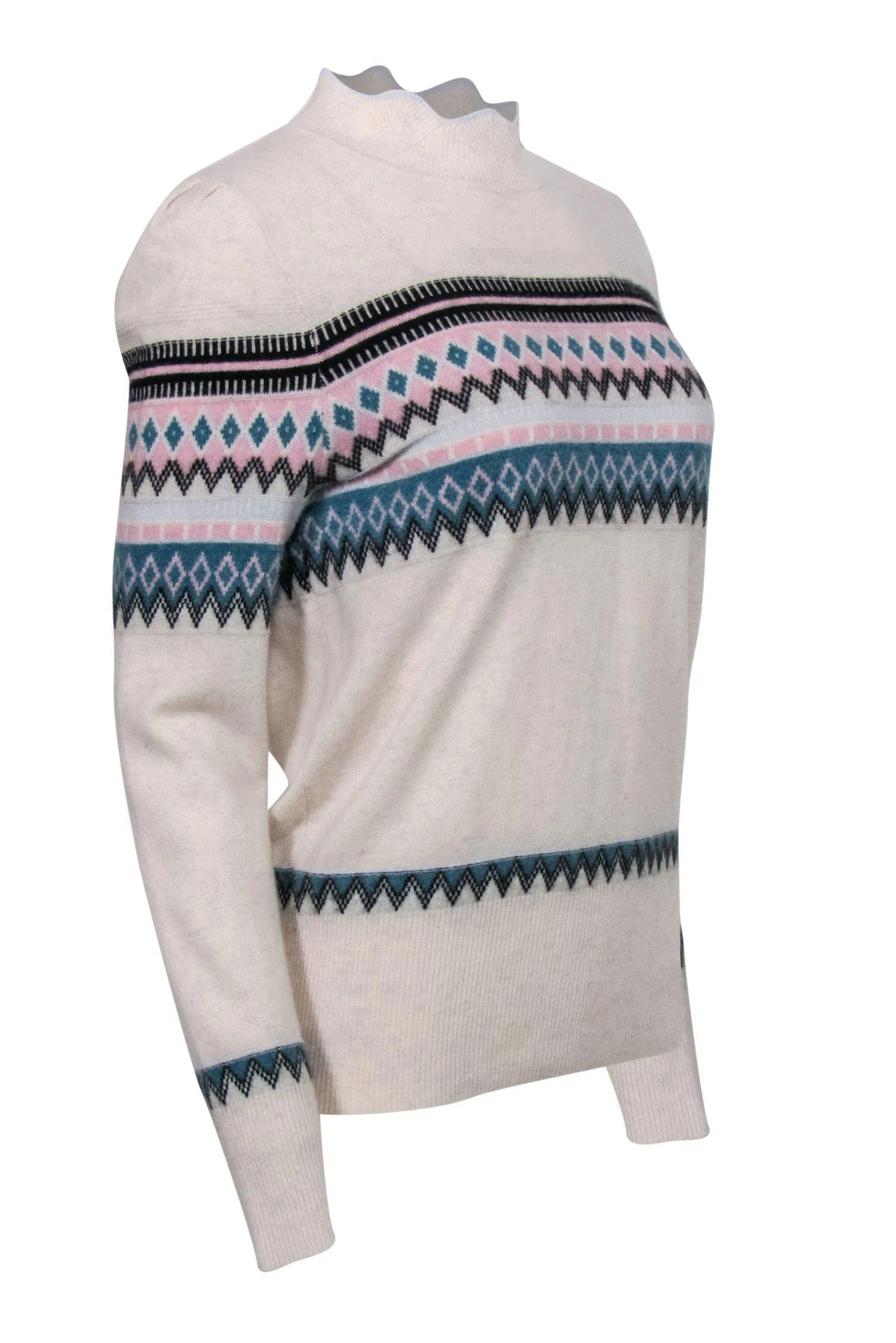 Aqua Cashmere - Light Grey, Pink & Teal Fair Isle Mock Turtleneck Cashmere Sweater Sz L