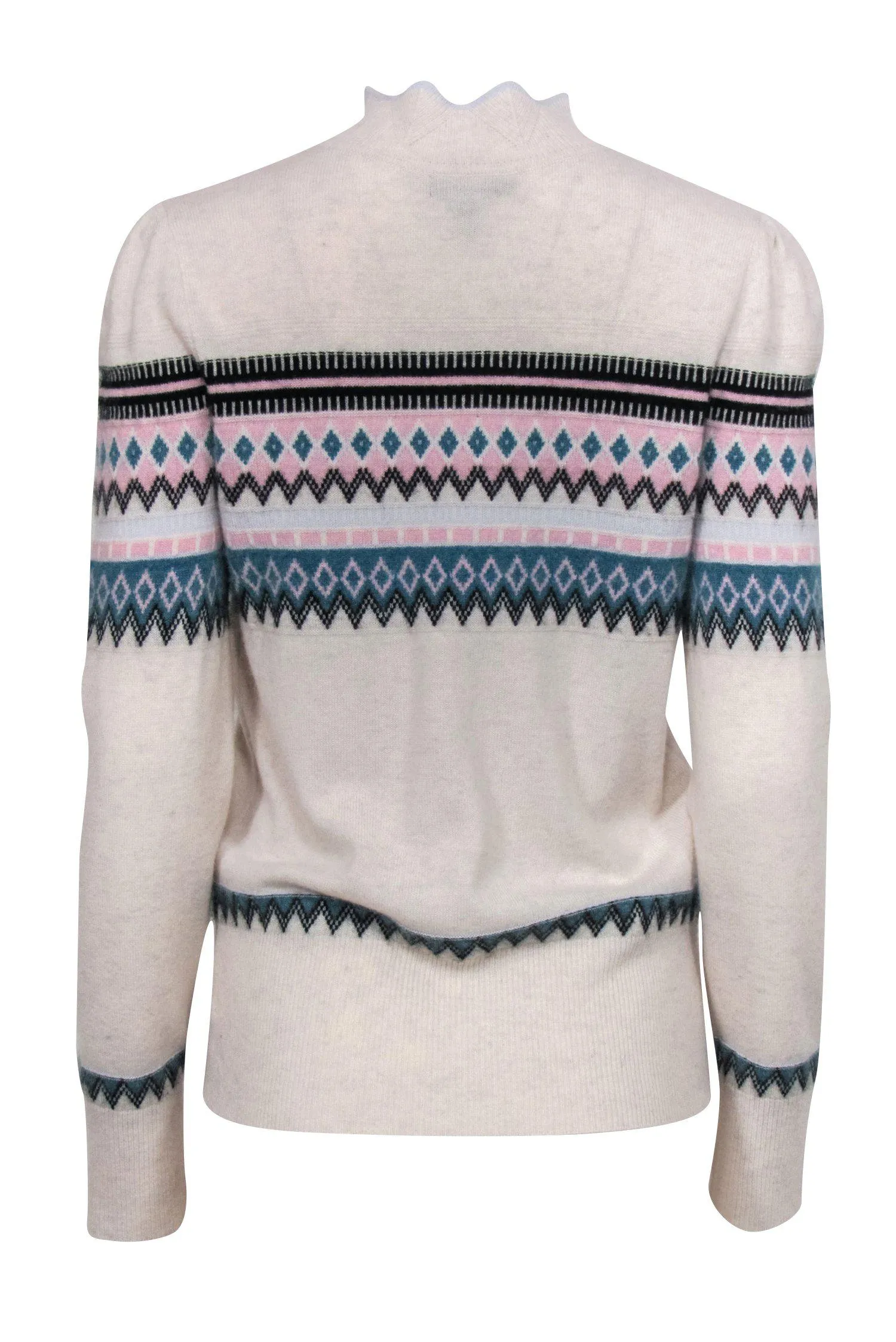 Aqua Cashmere - Light Grey, Pink & Teal Fair Isle Mock Turtleneck Cashmere Sweater Sz L