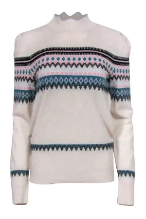 Aqua Cashmere - Light Grey, Pink & Teal Fair Isle Mock Turtleneck Cashmere Sweater Sz L