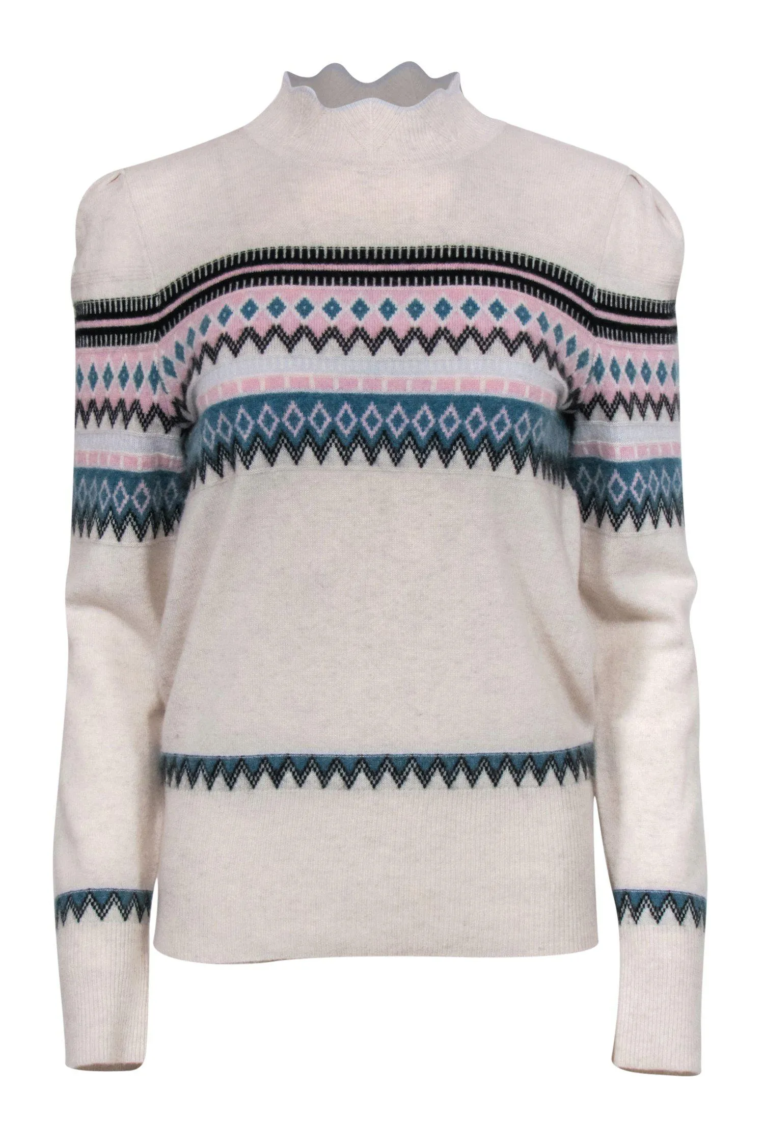 Aqua Cashmere - Light Grey, Pink & Teal Fair Isle Mock Turtleneck Cashmere Sweater Sz L