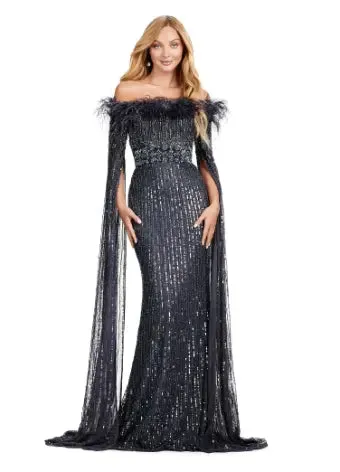 Ashley Lauren 11429 Long Prom Dress Fully Sequin Evening Gown Feathers and Floor Length Sleeves Formal Pageant