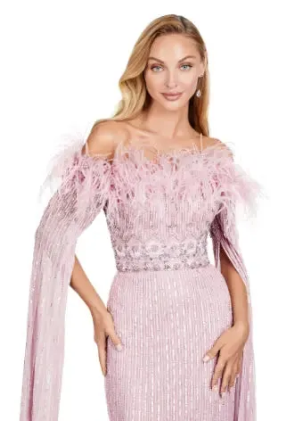 Ashley Lauren 11429 Long Prom Dress Fully Sequin Evening Gown Feathers and Floor Length Sleeves Formal Pageant