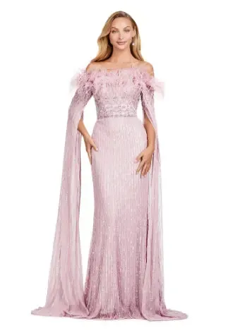 Ashley Lauren 11429 Long Prom Dress Fully Sequin Evening Gown Feathers and Floor Length Sleeves Formal Pageant