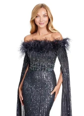 Ashley Lauren 11429 Long Prom Dress Fully Sequin Evening Gown Feathers and Floor Length Sleeves Formal Pageant