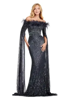Ashley Lauren 11429 Long Prom Dress Fully Sequin Evening Gown Feathers and Floor Length Sleeves Formal Pageant